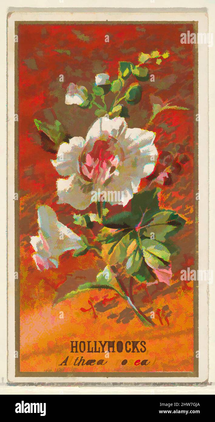 Art inspired by Hollyhocks (Althea rosea), from the Flowers series for Old Judge Cigarettes, 1890, Commercial color lithograph, sheet: 2 3/4 x 1 1/2 in. (7 x 3.8 cm), The 'Flowers' series of trading cards (N164) was issued by Goodwin & Company in 1890 to promote Old Judge Cigarettes, Classic works modernized by Artotop with a splash of modernity. Shapes, color and value, eye-catching visual impact on art. Emotions through freedom of artworks in a contemporary way. A timeless message pursuing a wildly creative new direction. Artists turning to the digital medium and creating the Artotop NFT Stock Photo