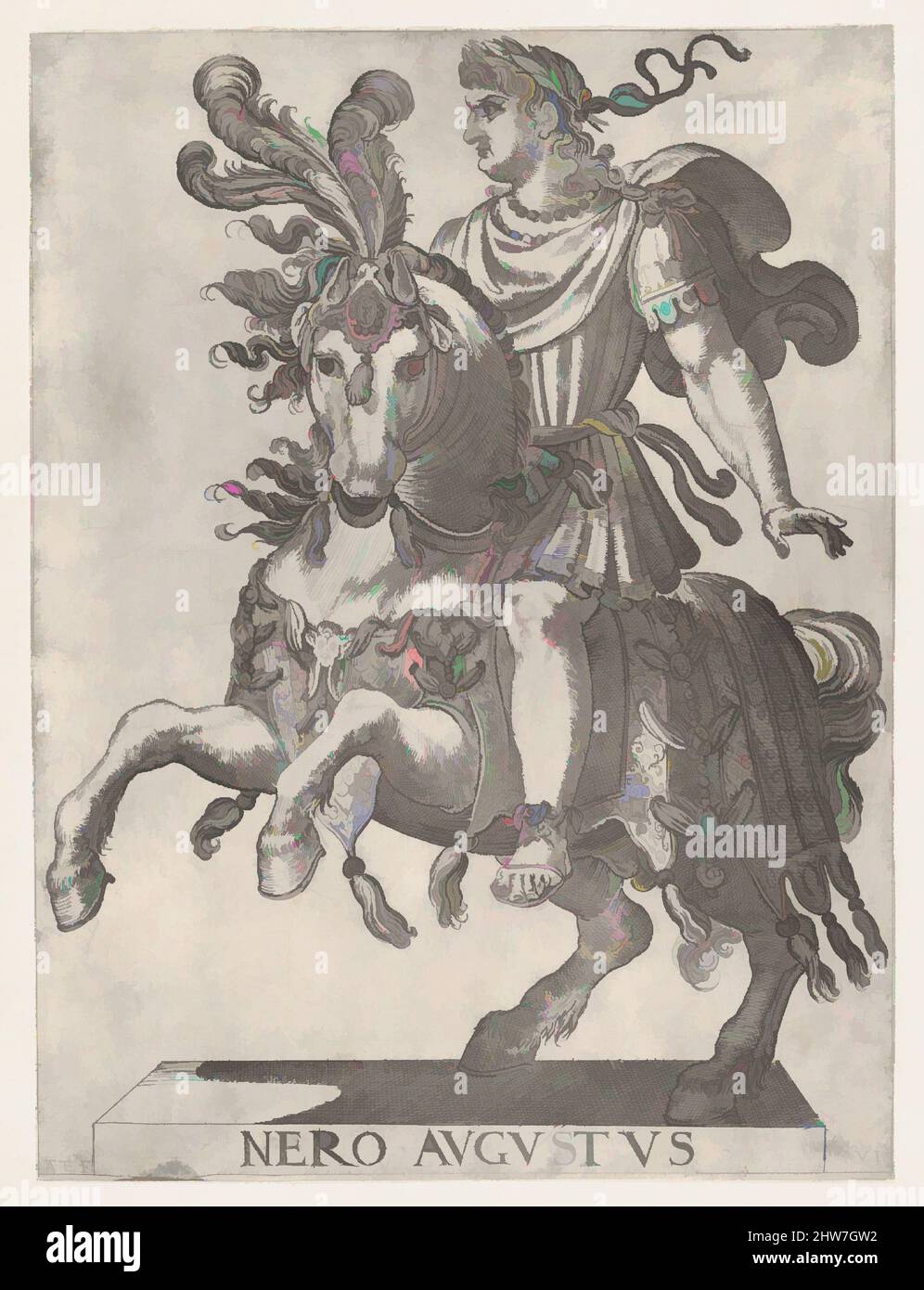 Art inspired by Plate 6: Emperor Nero on Horseback, from ' The First Twelve Roman Caesars', 1596, Etching; first state of two (Bartsch), Sheet: 11 7/8 × 8 7/8 in. (30.1 × 22.6 cm), Prints, Antonio Tempesta (Italian, Florence 1555–1630 Rome, Classic works modernized by Artotop with a splash of modernity. Shapes, color and value, eye-catching visual impact on art. Emotions through freedom of artworks in a contemporary way. A timeless message pursuing a wildly creative new direction. Artists turning to the digital medium and creating the Artotop NFT Stock Photo