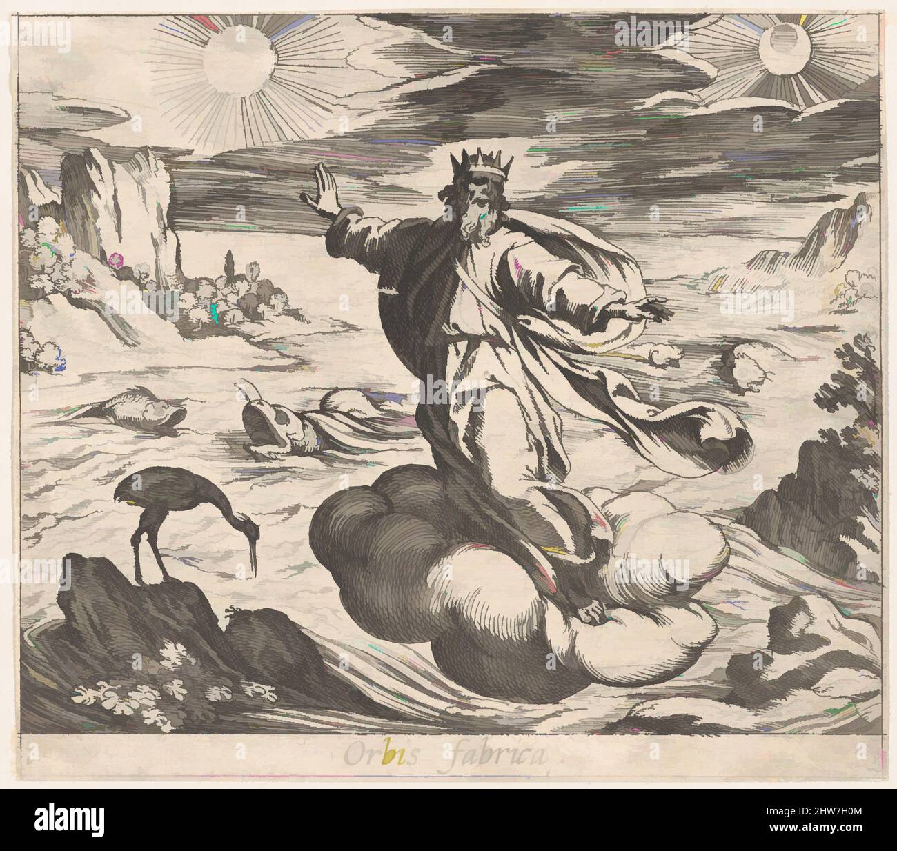 Art inspired by Plate 1: The Creation of the World (Orbis fabrica), from Ovid's 'Metamorphoses', 1606, Etching, Sheet: 4 1/8 × 4 9/16 in. (10.4 × 11.6 cm), Prints, Antonio Tempesta (Italian, Florence 1555–1630 Rome, Classic works modernized by Artotop with a splash of modernity. Shapes, color and value, eye-catching visual impact on art. Emotions through freedom of artworks in a contemporary way. A timeless message pursuing a wildly creative new direction. Artists turning to the digital medium and creating the Artotop NFT Stock Photo