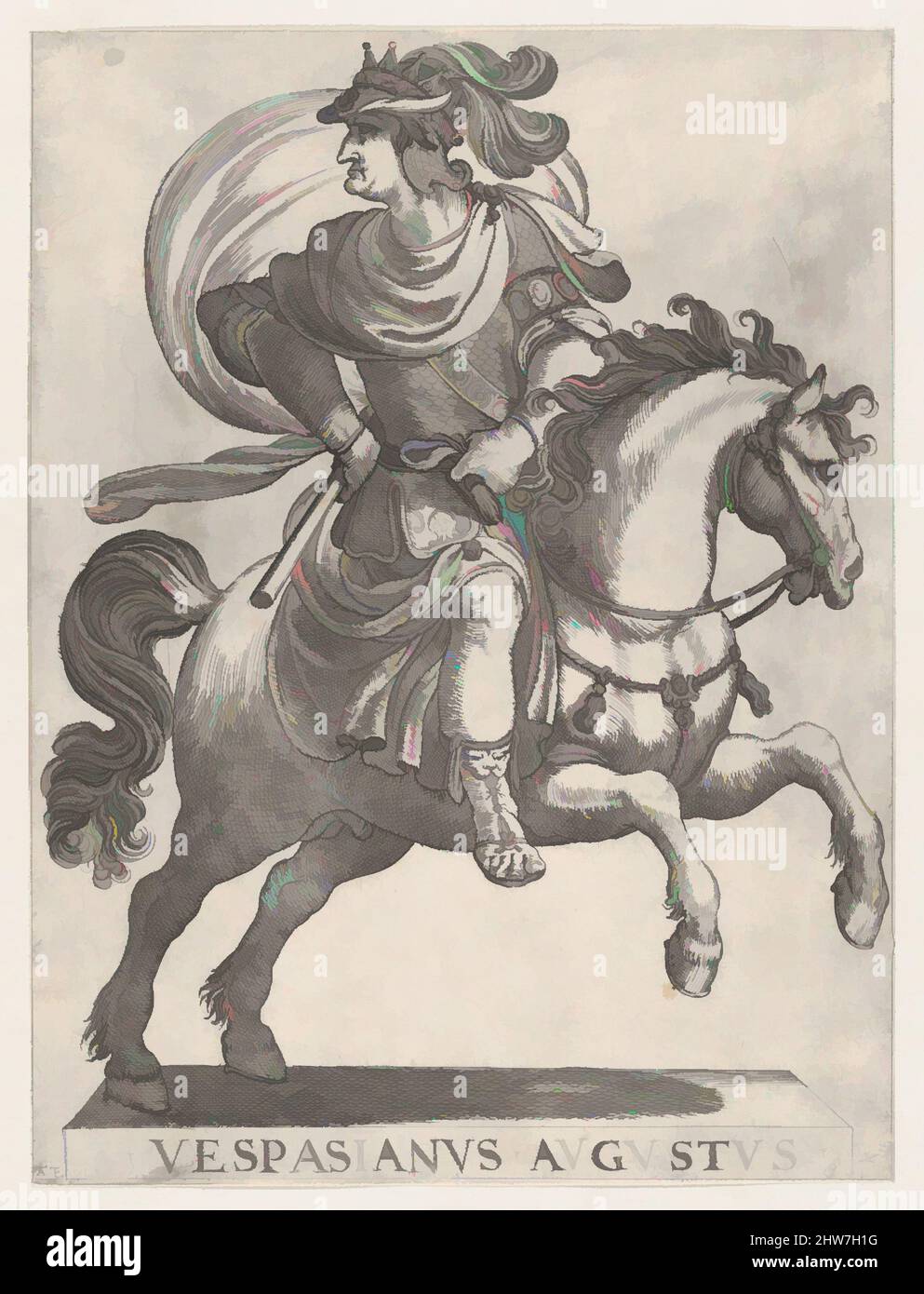 Art inspired by Emperor Vespasian on Horseback, from the series The First Twelve Roman Caesars, plate 10, 1596, Etching; first state of two (Bartsch), sheet: 13 3/4 x 20 1/2 in. (35 x 52 cm), Prints, Antonio Tempesta (Italian, Florence 1555–1630 Rome, Classic works modernized by Artotop with a splash of modernity. Shapes, color and value, eye-catching visual impact on art. Emotions through freedom of artworks in a contemporary way. A timeless message pursuing a wildly creative new direction. Artists turning to the digital medium and creating the Artotop NFT Stock Photo