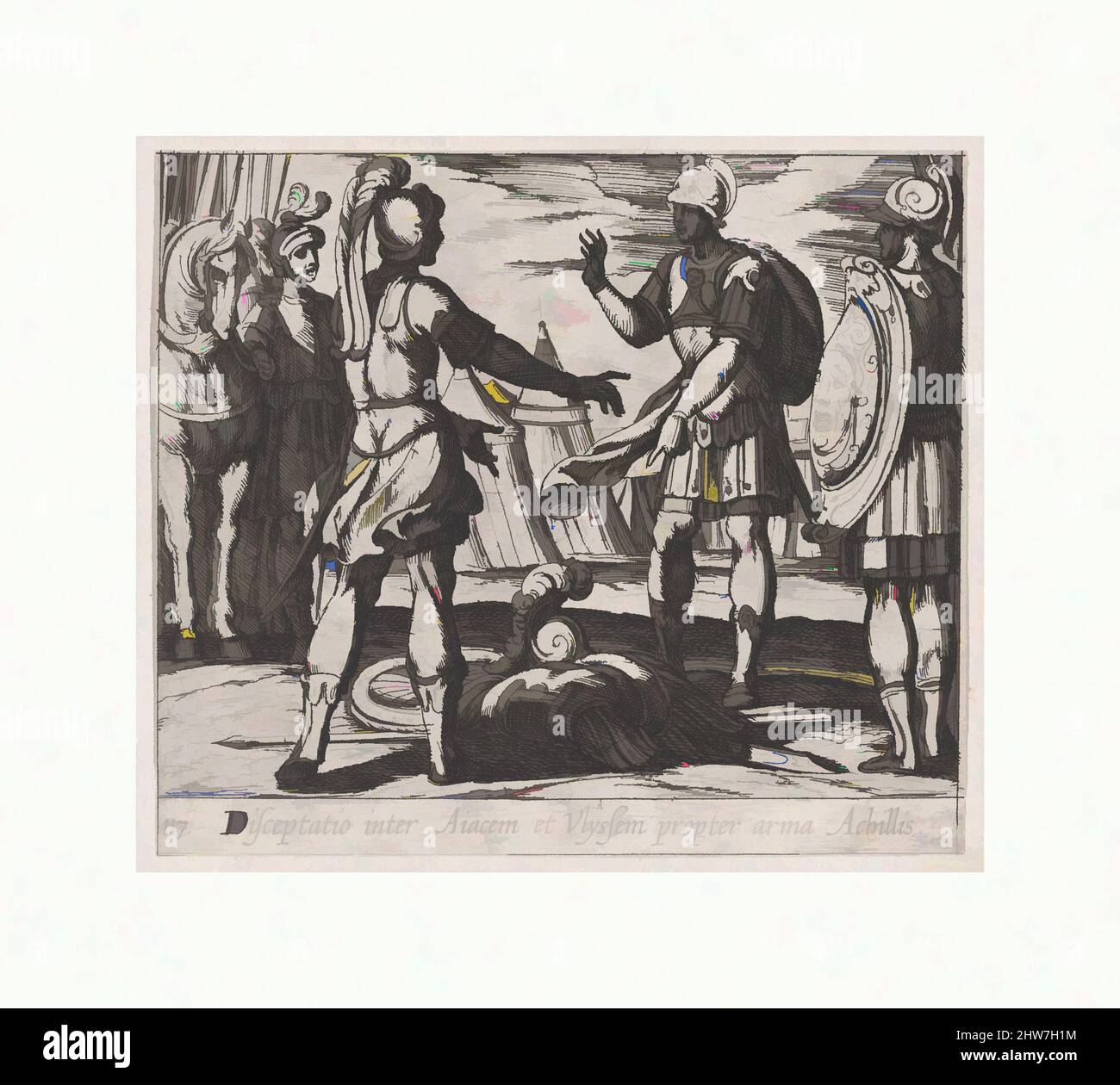 Art inspired by Plate 117: The Dispute over Achilles' Armor (Disceptatio inter Aiacem et Ulyssem propter arma Achillis), from Ovid's 'Metamorphoses', 1606, Etching, Sheet: 4 in. × 4 9/16 in. (10.2 × 11.6 cm), Prints, Antonio Tempesta (Italian, Florence 1555–1630 Rome, Classic works modernized by Artotop with a splash of modernity. Shapes, color and value, eye-catching visual impact on art. Emotions through freedom of artworks in a contemporary way. A timeless message pursuing a wildly creative new direction. Artists turning to the digital medium and creating the Artotop NFT Stock Photo
