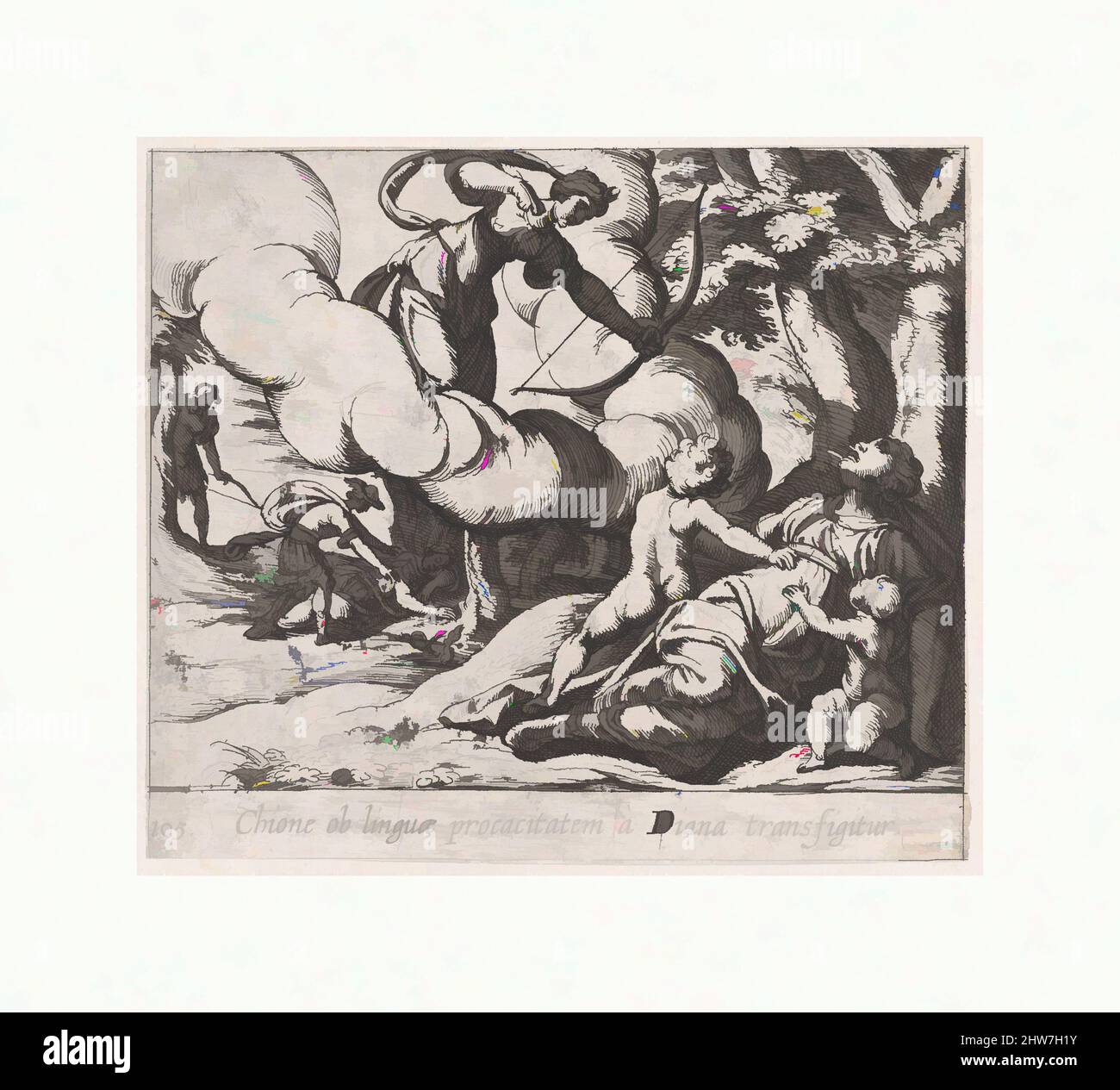 Art inspired by Plate 105: Diane Killing Chione (Chione ob linguae procacitatem a Diana transfigitur), from Ovid's 'Metamorphoses', 1606, Etching, Sheet: 4 in. × 4 5/8 in. (10.2 × 11.8 cm), Prints, Antonio Tempesta (Italian, Florence 1555–1630 Rome, Classic works modernized by Artotop with a splash of modernity. Shapes, color and value, eye-catching visual impact on art. Emotions through freedom of artworks in a contemporary way. A timeless message pursuing a wildly creative new direction. Artists turning to the digital medium and creating the Artotop NFT Stock Photo