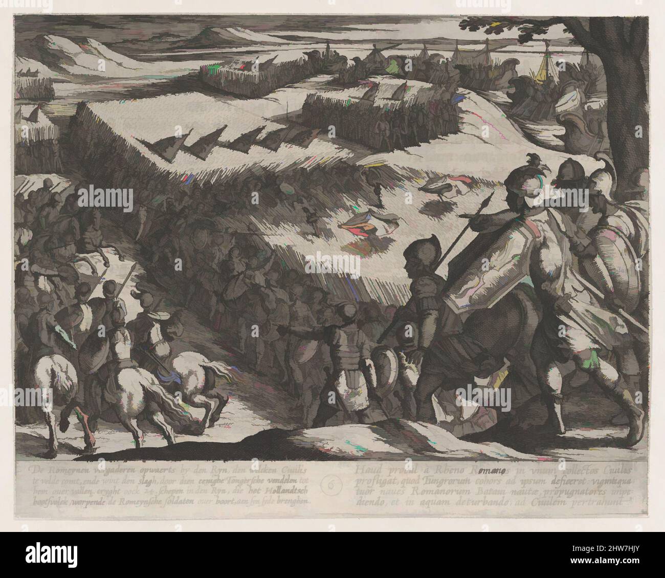 Art inspired by Plate 6: Romans Defeated Near the Rhine, from The War of the Romans Against the Batavians (Romanorvm et Batavorvm Societas), 1611, Etching, first state of two, issue 1 (Bartsch), Sheet: 6 7/16 × 8 1/8 in. (16.4 × 20.7 cm), Prints, Antonio Tempesta (Italian, Florence, Classic works modernized by Artotop with a splash of modernity. Shapes, color and value, eye-catching visual impact on art. Emotions through freedom of artworks in a contemporary way. A timeless message pursuing a wildly creative new direction. Artists turning to the digital medium and creating the Artotop NFT Stock Photo