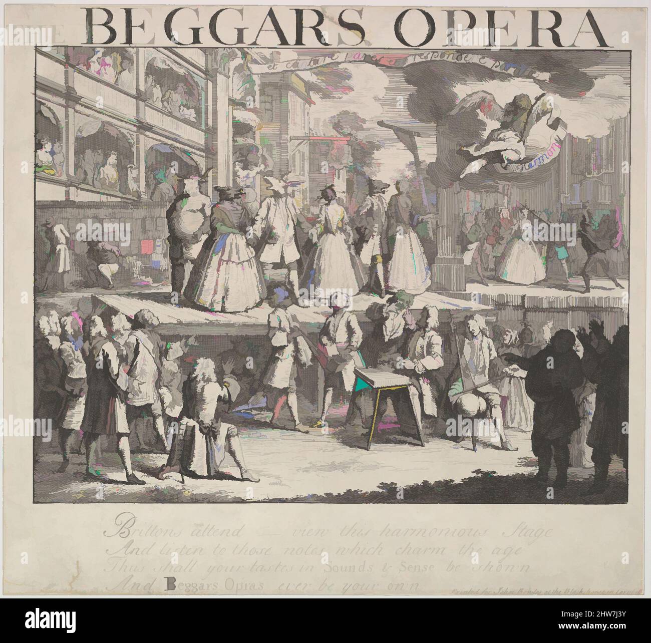 Art inspired by The Beggars Opera, 1728, Etching; sixth state of six, sheet: 9 5/8 x 10 1/2 in. (24.4 x 26.7 cm), Prints, Anonymous, British, 18th century, Formerly attributed to William Hogarth (British, London 1697–1764 London, Classic works modernized by Artotop with a splash of modernity. Shapes, color and value, eye-catching visual impact on art. Emotions through freedom of artworks in a contemporary way. A timeless message pursuing a wildly creative new direction. Artists turning to the digital medium and creating the Artotop NFT Stock Photo