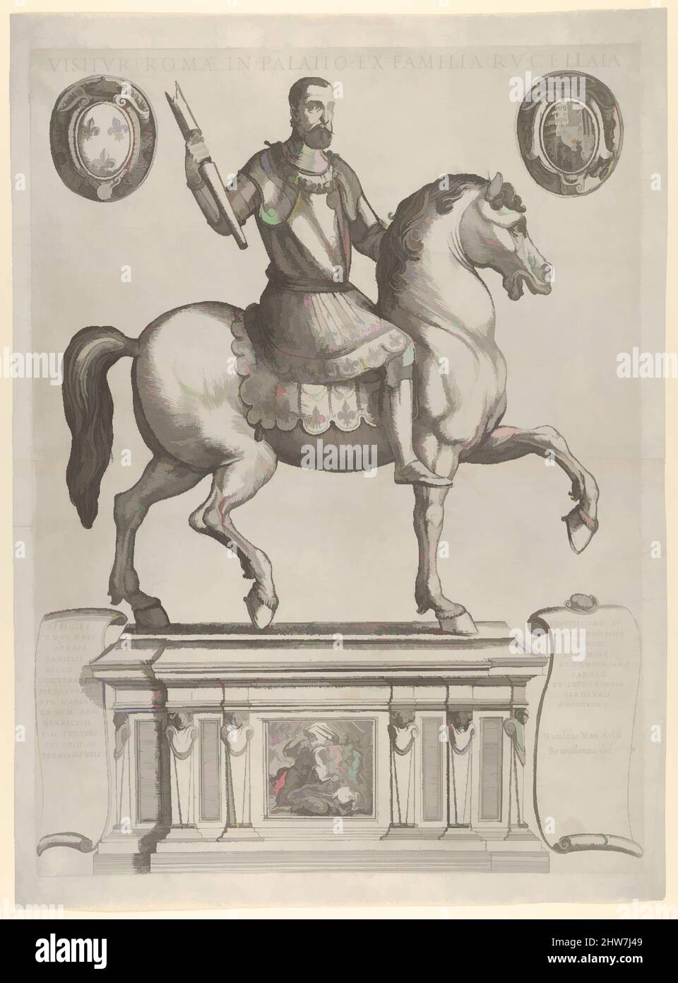 Art inspired by Equestrian Statue of Henry II, King of France, in the Palazzo Rucellai by Daniele de Volterra, Published early 17th century, Etching, sheet: 15 3/4 x 20 1/2 in. (40 x 52 cm), Prints, Antonio Tempesta (Italian, Florence 1555–1630 Rome), After Daniele da Volterra (Daniele, Classic works modernized by Artotop with a splash of modernity. Shapes, color and value, eye-catching visual impact on art. Emotions through freedom of artworks in a contemporary way. A timeless message pursuing a wildly creative new direction. Artists turning to the digital medium and creating the Artotop NFT Stock Photo