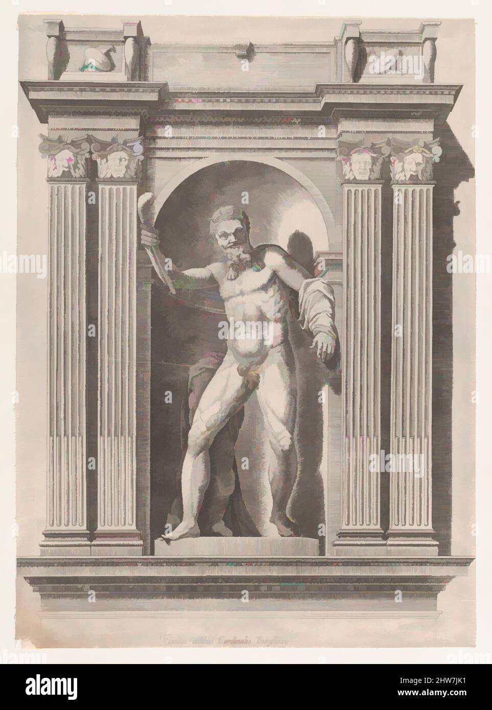 Art inspired by Speculum Romanae Magnificentiae: Sculpture of a faun standing in a niche after a statue in Scipione Borghese's villa, 16th century, Etching, sheet: 16 3/8 x 11 13/16 in. (41.6 x 30 cm), Prints, Anonymous, Classic works modernized by Artotop with a splash of modernity. Shapes, color and value, eye-catching visual impact on art. Emotions through freedom of artworks in a contemporary way. A timeless message pursuing a wildly creative new direction. Artists turning to the digital medium and creating the Artotop NFT Stock Photo