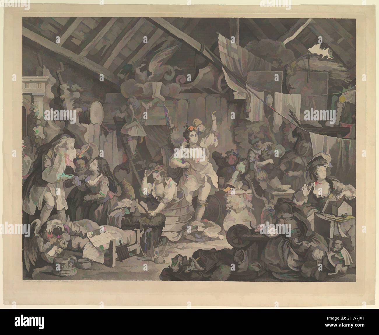 Art inspired by Strolling Actresses Dressing in a Barn, 1738, Etching and engraving; second state of four, plate: 17 15/16 x 22 7/16 in. (45.5 x 57 cm), Prints, William Hogarth (British, London 1697–1764 London, Classic works modernized by Artotop with a splash of modernity. Shapes, color and value, eye-catching visual impact on art. Emotions through freedom of artworks in a contemporary way. A timeless message pursuing a wildly creative new direction. Artists turning to the digital medium and creating the Artotop NFT Stock Photo