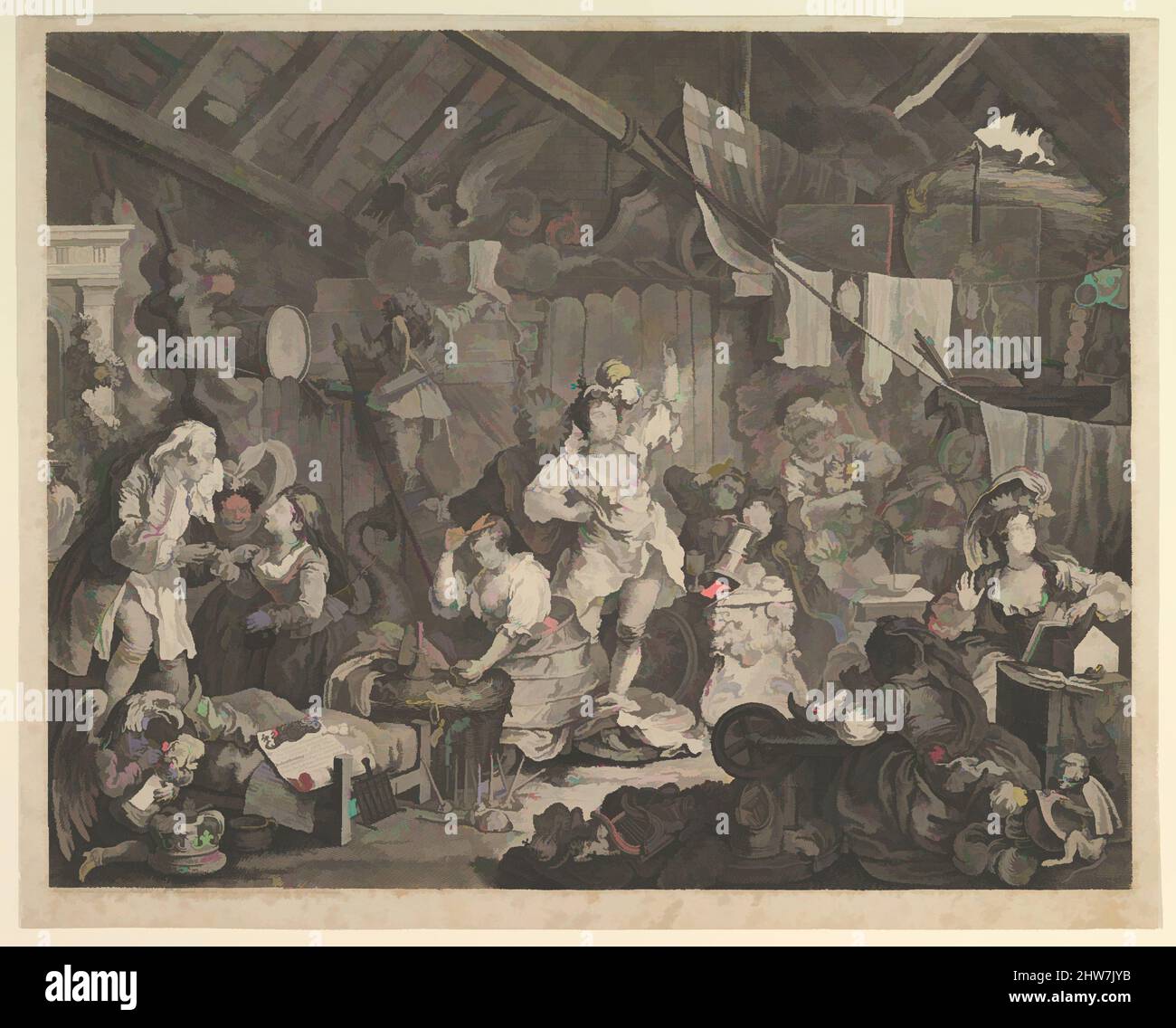 Art inspired by Strolling Actresses Dressing in a Barn, May 1738, Etching and engraving; fourth state of four, sheet: 17 11/16 x 22 7/16 in. (45 x 57 cm), Prints, William Hogarth (British, London 1697–1764 London, Classic works modernized by Artotop with a splash of modernity. Shapes, color and value, eye-catching visual impact on art. Emotions through freedom of artworks in a contemporary way. A timeless message pursuing a wildly creative new direction. Artists turning to the digital medium and creating the Artotop NFT Stock Photo
