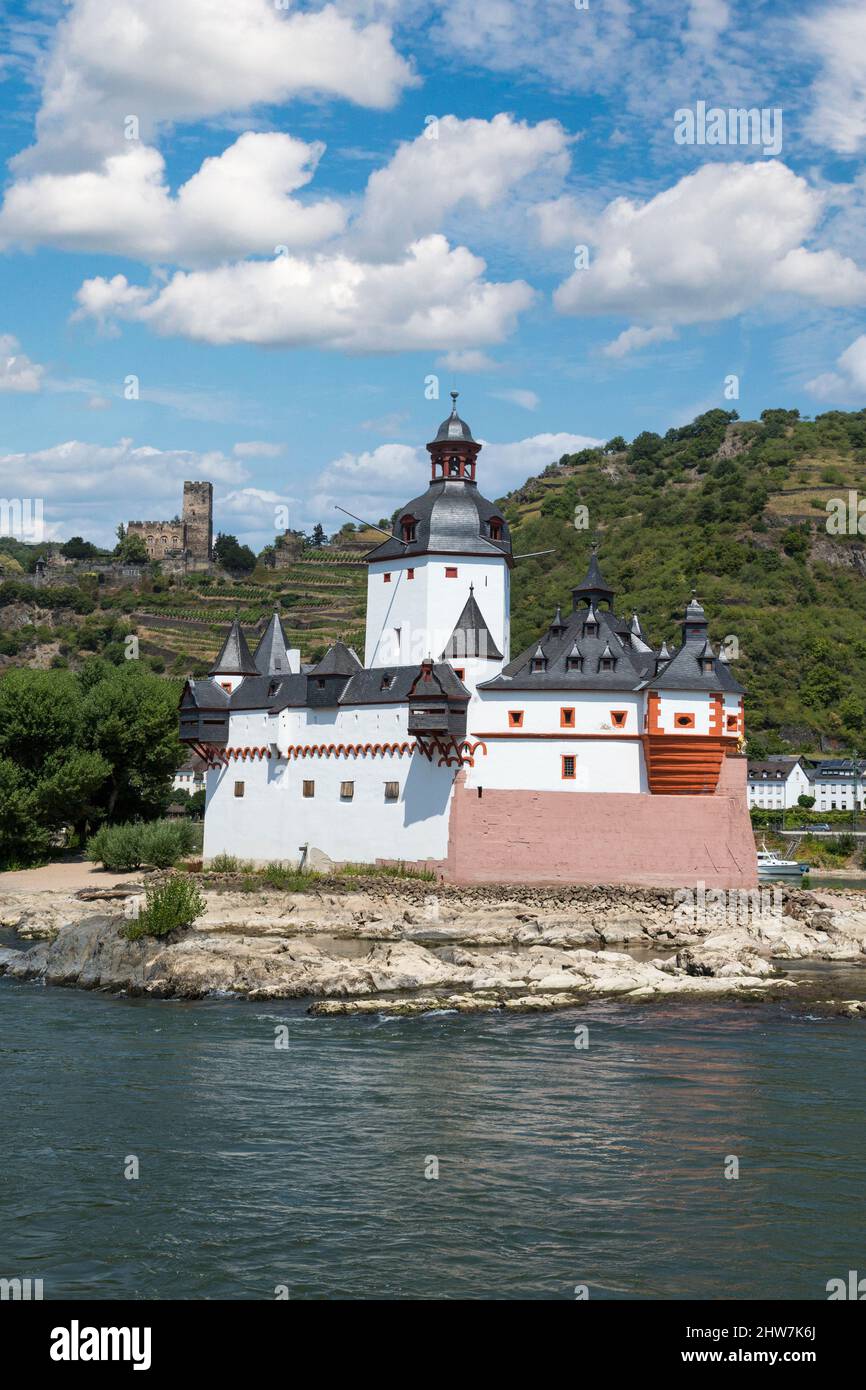 Rhine River Valley, Kaub, Germany. Pfalzgraffenstein or Pfalz Castle.  Gutenfels Castle on Hillside. Stock Photo