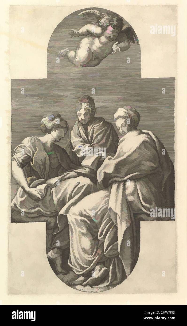 Art inspired by Three Muses and a Gesturing Putto, 1560s, Engraving, sheet: 12 5/16 x 7 3/8 in. (31.2 x 18.8 cm), Prints, Giorgio Ghisi (Italian, Mantua ca. 1520–1582 Mantua), After Francesco Primaticcio (Italian, Bologna 1504/5–1570 Paris, Classic works modernized by Artotop with a splash of modernity. Shapes, color and value, eye-catching visual impact on art. Emotions through freedom of artworks in a contemporary way. A timeless message pursuing a wildly creative new direction. Artists turning to the digital medium and creating the Artotop NFT Stock Photo