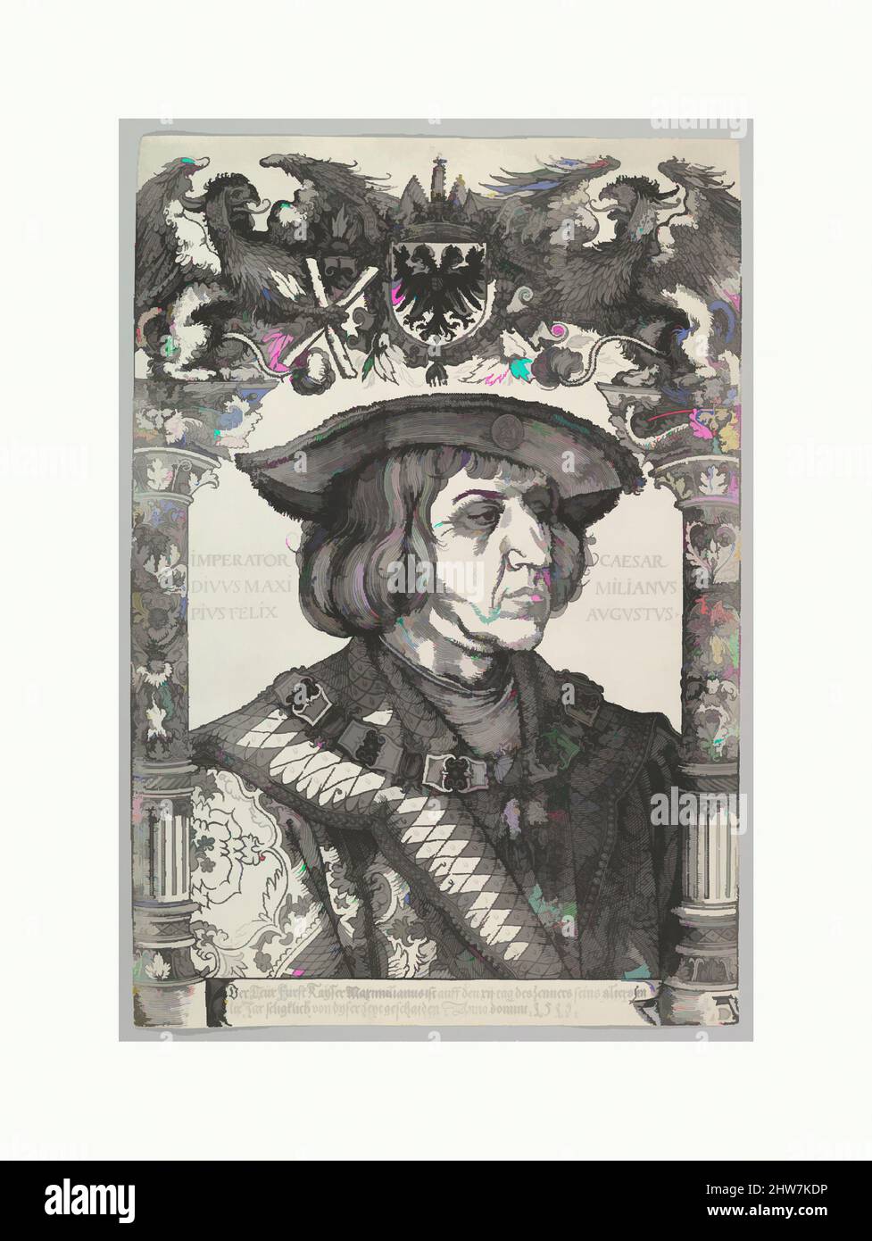 Art inspired by Portrait of Emperor Maximilian I, 1519, Woodcut, sheet: 21 13/16 x 14 15/16 in. (55.4 x 38 cm), Prints, Hans Weiditz the Younger (German, Freiburg im Breisgau before 1500–ca. 1536 Strasbourg), After Albrecht Dürer (German, Nuremberg 1471–1528 Nuremberg), A celebrated, Classic works modernized by Artotop with a splash of modernity. Shapes, color and value, eye-catching visual impact on art. Emotions through freedom of artworks in a contemporary way. A timeless message pursuing a wildly creative new direction. Artists turning to the digital medium and creating the Artotop NFT Stock Photo