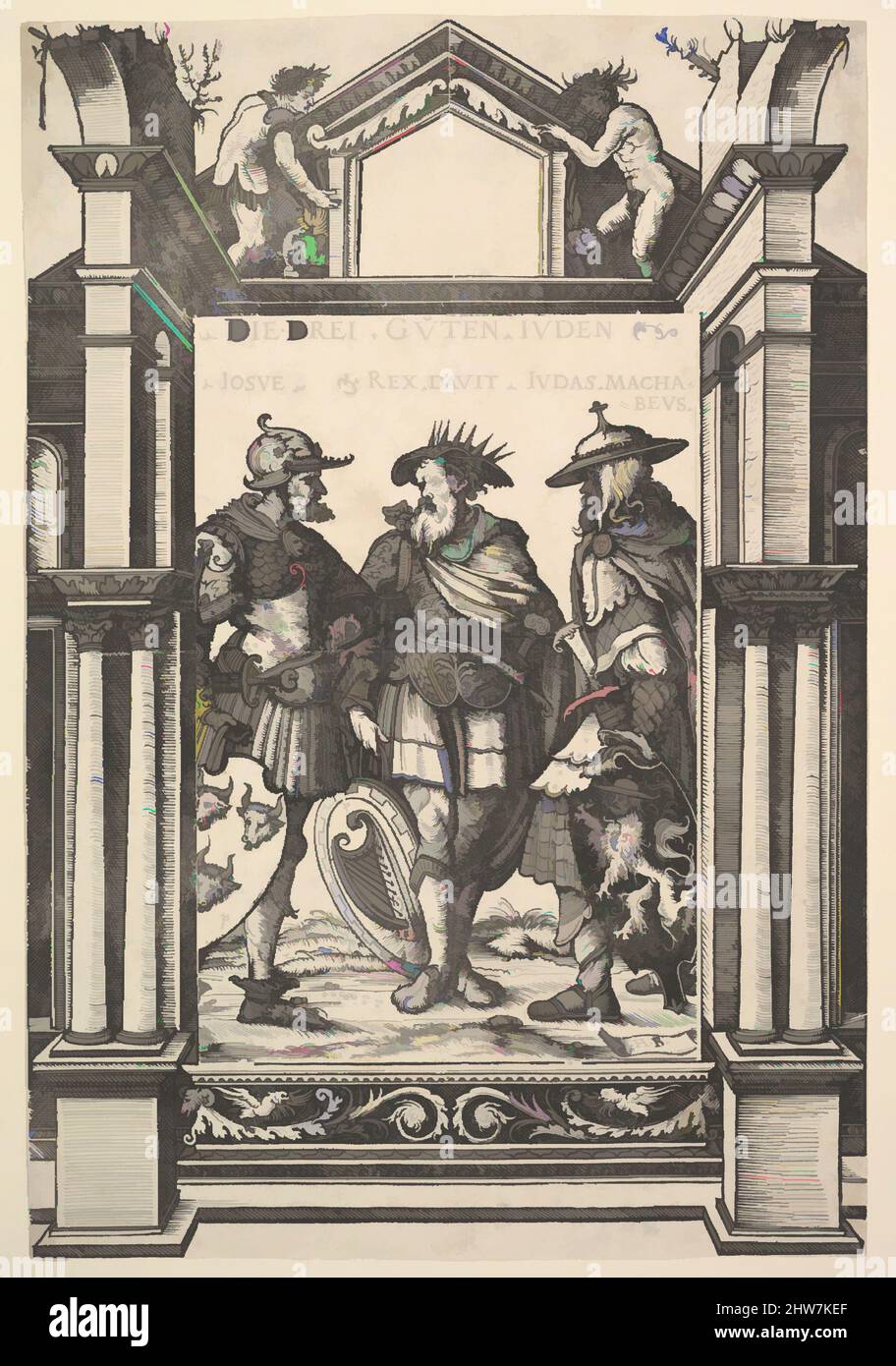 Art inspired by The Three Jewish Heroes (Die Drei Guten Juden), from Heroes and Heroines, 1516, Woodcut; second state of three (Hollstein), Sheet: 12 5/8 × 8 7/16 in. (32 × 21.5 cm), Prints, Hans Burgkmair (German, Augsburg 1473–1531 Augsburg), Border by Hans Weiditz the Younger (, Classic works modernized by Artotop with a splash of modernity. Shapes, color and value, eye-catching visual impact on art. Emotions through freedom of artworks in a contemporary way. A timeless message pursuing a wildly creative new direction. Artists turning to the digital medium and creating the Artotop NFT Stock Photo