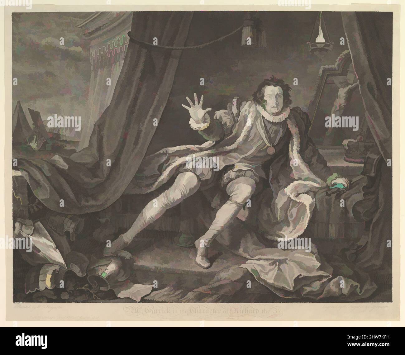 Art inspired by Mr. Garrick in the Character of Richard III, June 20, 1746, Etching and engraving; second state of two, sheet: 16 3/8 x 20 1/2 in. (41.6 x 52 cm), Prints, Hogarth represents his close friend, the actor David Garrick, as Richard III waking from a vision of the ghosts of, Classic works modernized by Artotop with a splash of modernity. Shapes, color and value, eye-catching visual impact on art. Emotions through freedom of artworks in a contemporary way. A timeless message pursuing a wildly creative new direction. Artists turning to the digital medium and creating the Artotop NFT Stock Photo