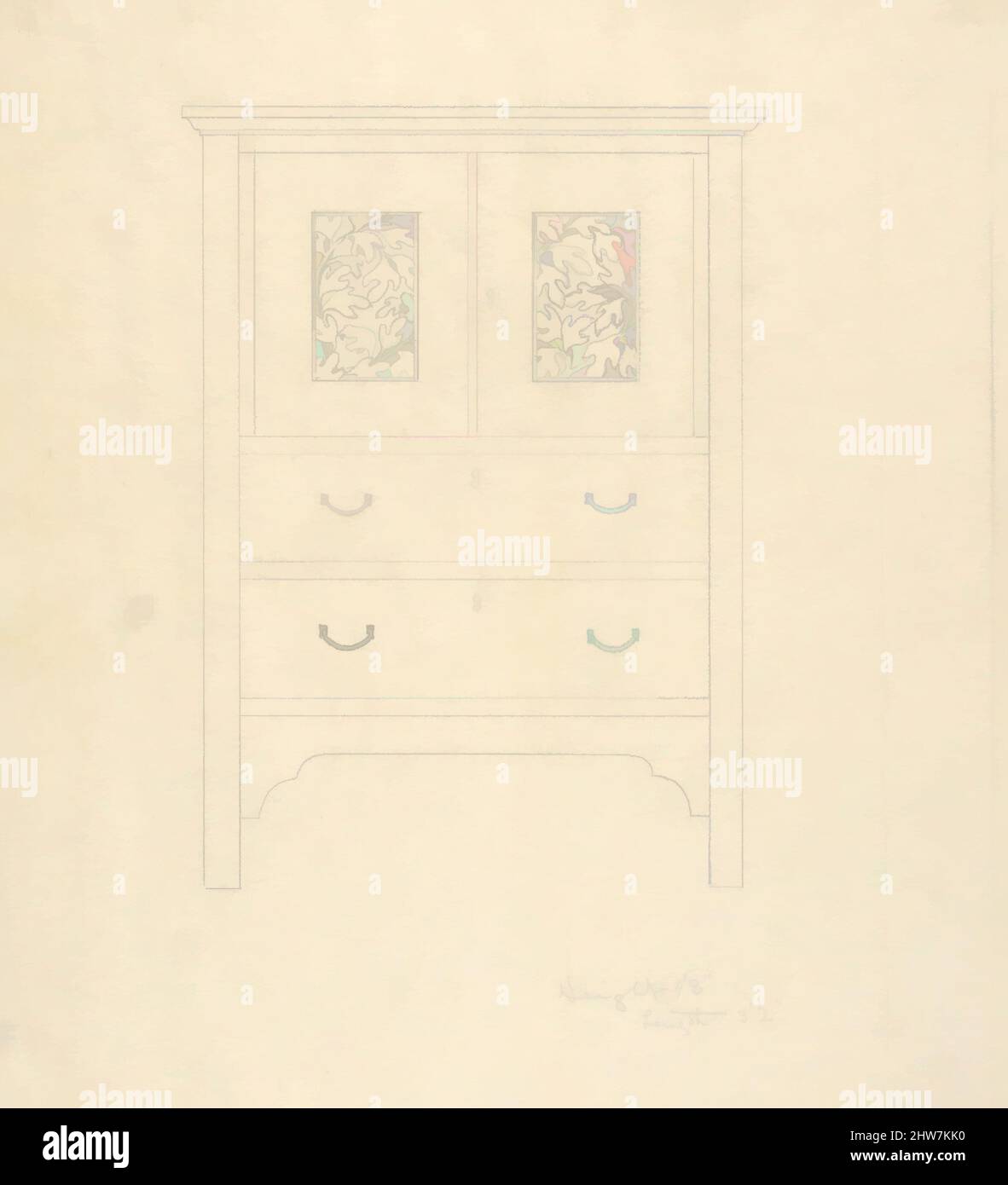 Art inspired by Outline Drawing of 'Sassafras Linen Press', 1904, Graphite, sheet: 10 11/16 x 9 3/16 in. (27.2 x 23.3 cm), Byrdcliffe Arts and Crafts Colony (American, 1902–1915), Ralph Radcliffe Whitehead (American (born England), Yorkshire 1854–1929 Santa Barbara, California, Classic works modernized by Artotop with a splash of modernity. Shapes, color and value, eye-catching visual impact on art. Emotions through freedom of artworks in a contemporary way. A timeless message pursuing a wildly creative new direction. Artists turning to the digital medium and creating the Artotop NFT Stock Photo