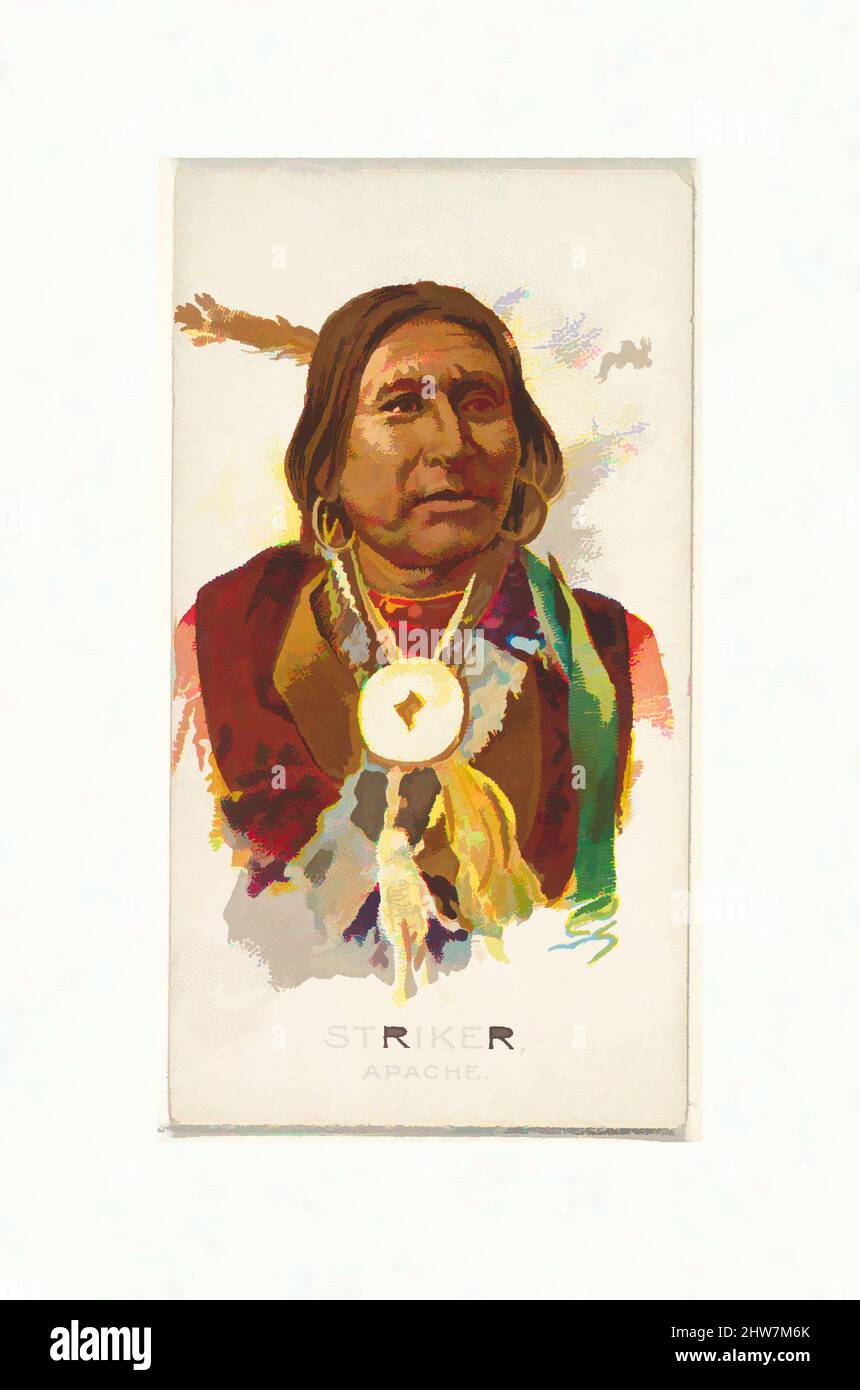 Art inspired by Striker, Apache, from the American Indian Chiefs series (N2) for Allen & Ginter Cigarettes Brands, 1888, Commercial color lithograph, Sheet: 2 3/4 x 1 1/2 in. (7 x 3.8 cm), Trade cards from the 'American Indian Chiefs' series (N2), issued in 1888 in a series of 50 cards, Classic works modernized by Artotop with a splash of modernity. Shapes, color and value, eye-catching visual impact on art. Emotions through freedom of artworks in a contemporary way. A timeless message pursuing a wildly creative new direction. Artists turning to the digital medium and creating the Artotop NFT Stock Photo