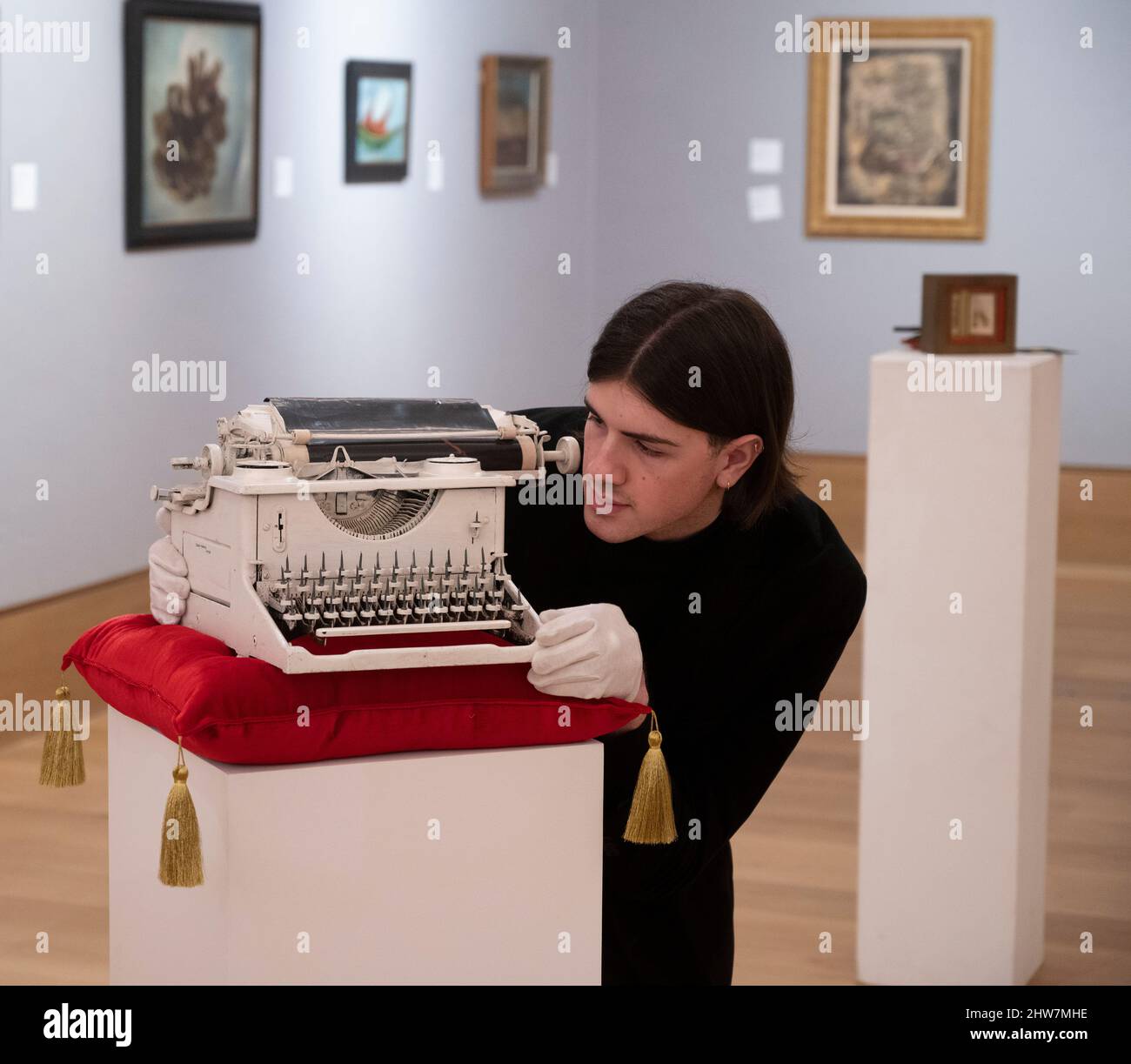 Bonhams, London, UK. 4 March 2022. Surrealist sale preview, with the sale taking place on 8 March at Bonhams New Bond Street. Image: Conroy Maddox (1912-2005), Onanistic Typewriter II, estimate £5,000-7,000. Credit: Malcolm Park/Alamy Live News Stock Photo