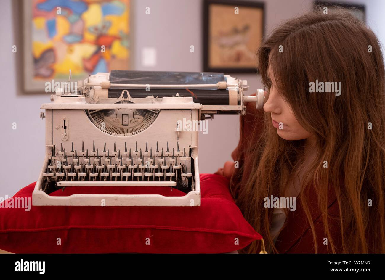 Bonhams, London, UK. 4 March 2022. Surrealist sale preview, with the sale taking place on 8 March at Bonhams New Bond Street. Image: Conroy Maddox (1912-2005), Onanistic Typewriter II, estimate £5,000-7,000. Credit: Malcolm Park/Alamy Live News Stock Photo