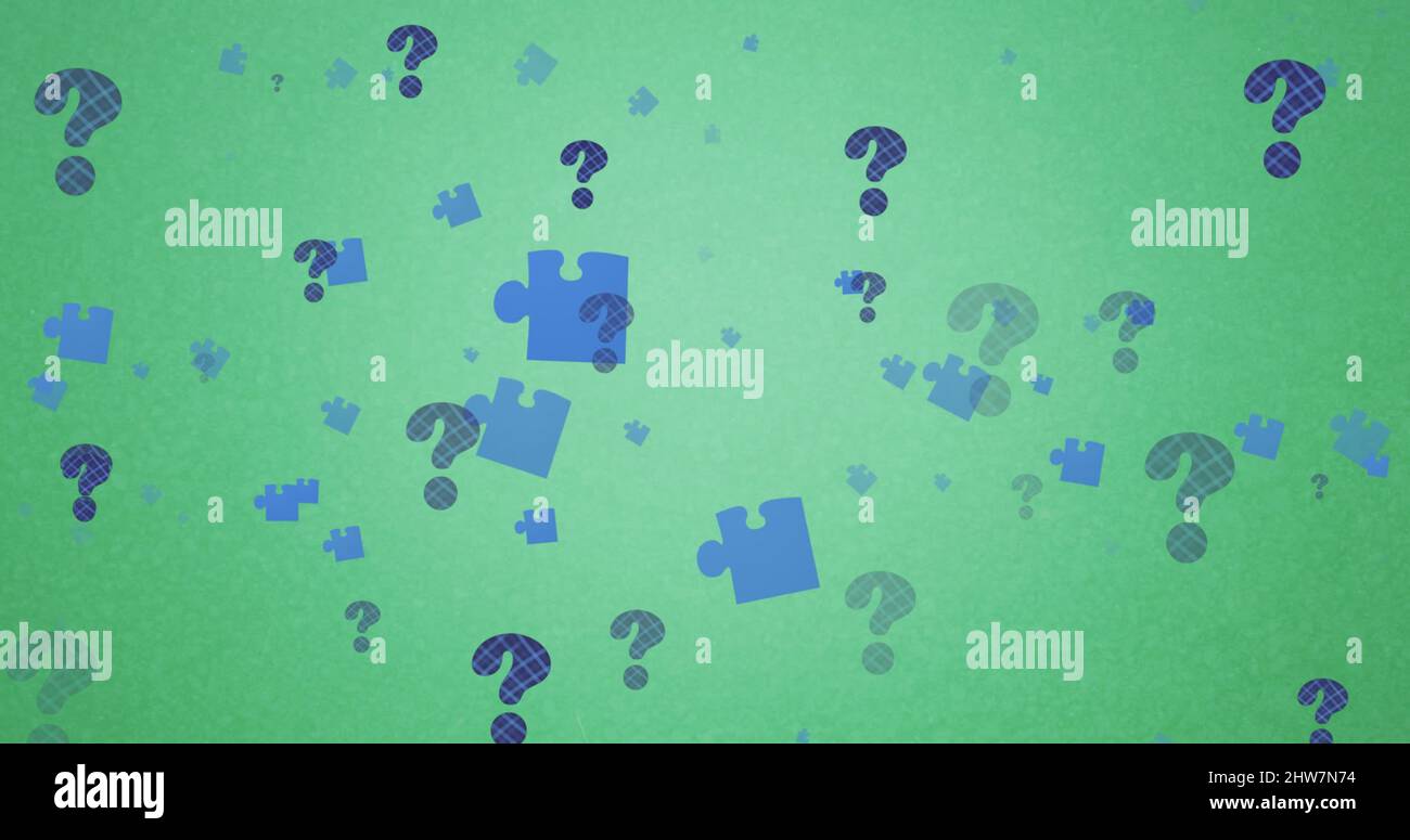 Image of puzzles and question marks floating over green background ...