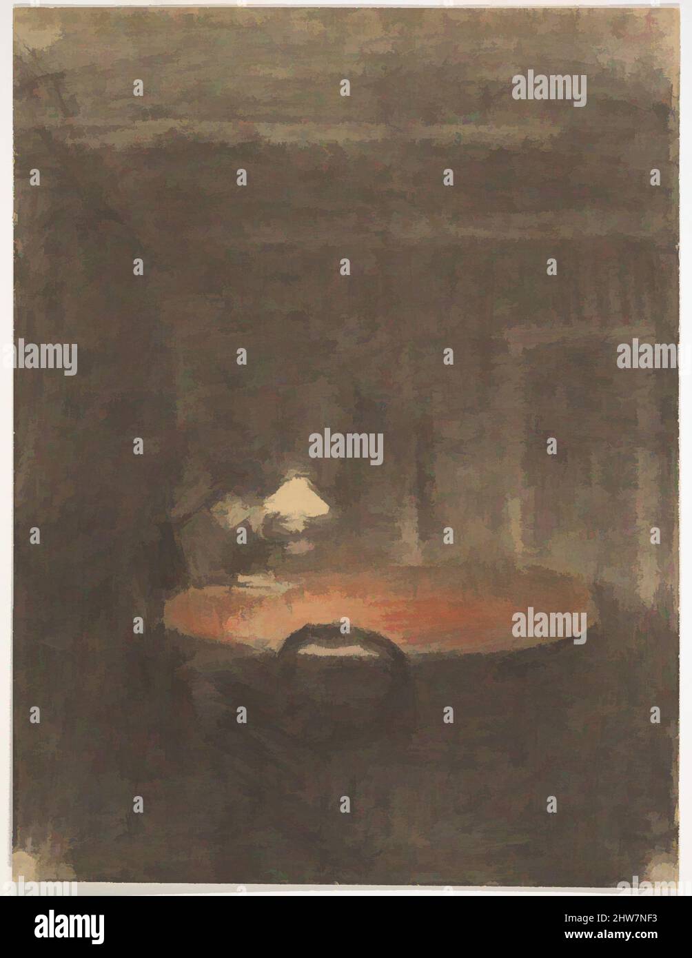 Art inspired by Figure reading at a Table in an Interior at Night, ca. 1891, Fabricated black and red chalk, Sheet: 9 13/16 x 7 7/16 in. (24.9 x 18.9 cm), Drawings, Vilhelm Hammershøi (Danish, Copenhagen 1864–1916 Copenhagen, Classic works modernized by Artotop with a splash of modernity. Shapes, color and value, eye-catching visual impact on art. Emotions through freedom of artworks in a contemporary way. A timeless message pursuing a wildly creative new direction. Artists turning to the digital medium and creating the Artotop NFT Stock Photo