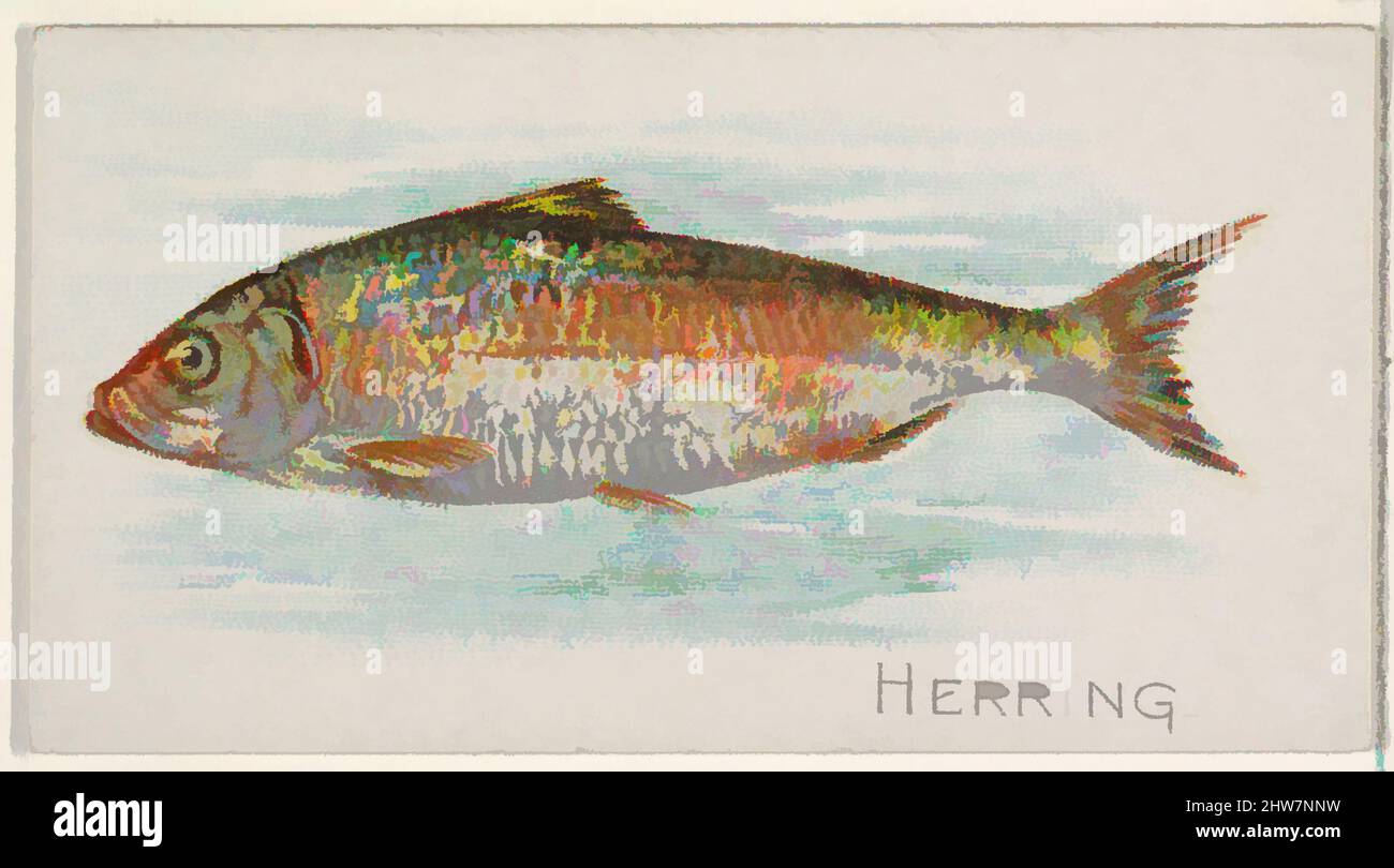 Art inspired by Herring, from the Fish from American Waters series (N8) for Allen & Ginter Cigarettes Brands, 1889, Commercial color lithograph, Sheet: 1 1/2 x 2 3/4 in. (3.8 x 7 cm), Trade cards from the 'Fish from American Waters' series (N8), issued in 1889 in a series of 50 cards, Classic works modernized by Artotop with a splash of modernity. Shapes, color and value, eye-catching visual impact on art. Emotions through freedom of artworks in a contemporary way. A timeless message pursuing a wildly creative new direction. Artists turning to the digital medium and creating the Artotop NFT Stock Photo