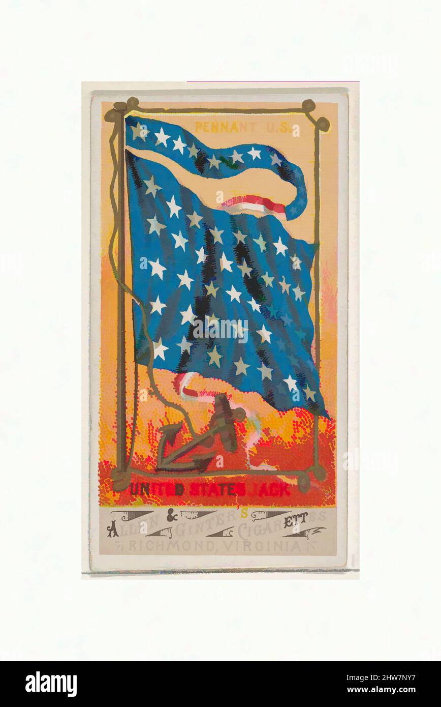 Art inspired by Pennant U.S., United States Jack, from Flags of All Nations, Series 1 (N9) for Allen & Ginter Cigarettes Brands, 1887, Commercial color lithograph, Sheet: 2 3/4 x 1 1/2 in. (7 x 3.8 cm), Trade cards from the set, 'Flags of All Nations,' Series 1 (N9), issued in 1887 in, Classic works modernized by Artotop with a splash of modernity. Shapes, color and value, eye-catching visual impact on art. Emotions through freedom of artworks in a contemporary way. A timeless message pursuing a wildly creative new direction. Artists turning to the digital medium and creating the Artotop NFT Stock Photo