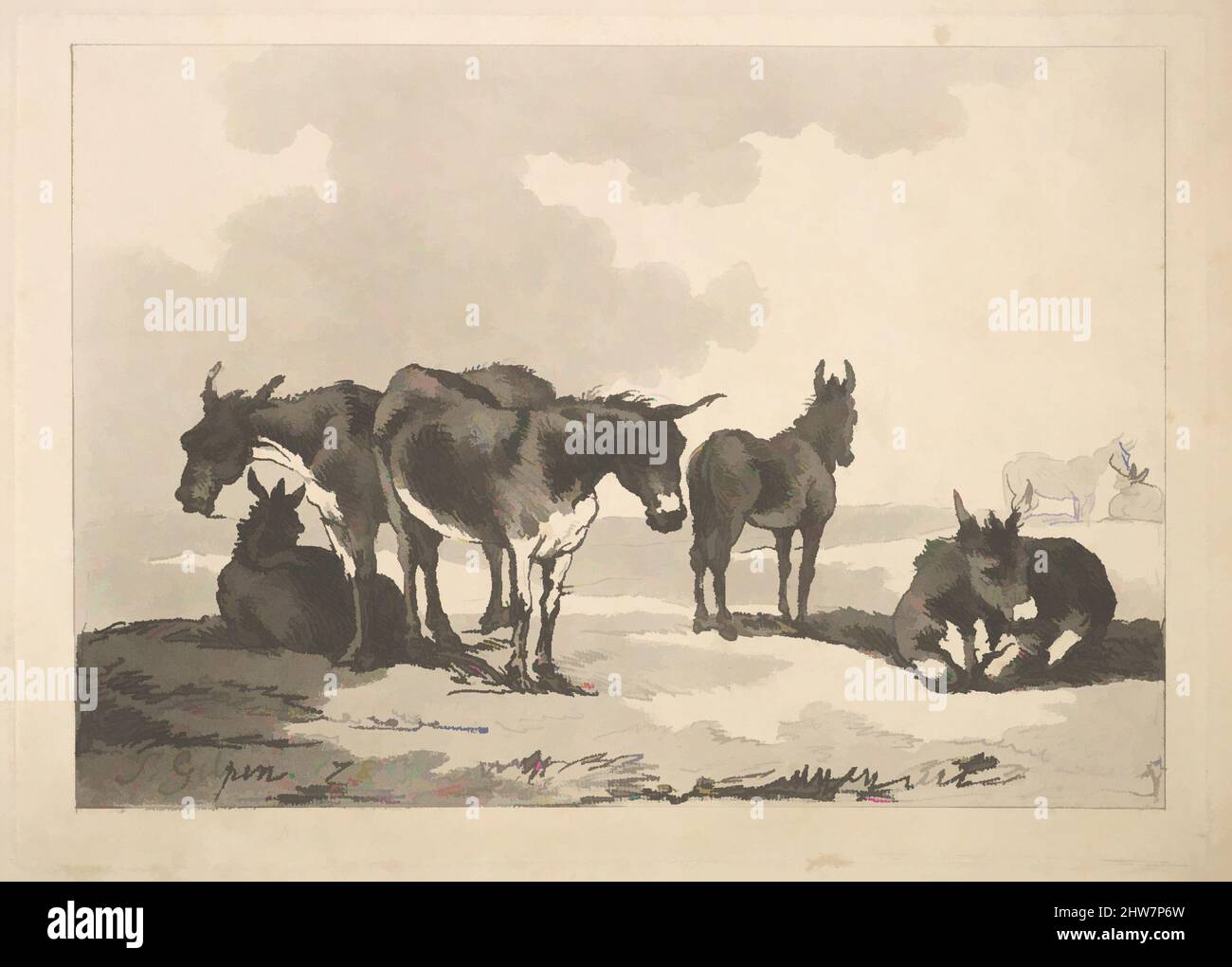 Art inspired by A Group of Five Donkeys, Three Standing, Two Lying, 1783, Aquatint and soft ground etching, Plate: 7 13/16 x 10 7/8 in. (19.8 x 27.7 cm), Prints, After Sawrey Gilpin (British, near Carlisle 1733–1807 Scaleby, Cumbria, Classic works modernized by Artotop with a splash of modernity. Shapes, color and value, eye-catching visual impact on art. Emotions through freedom of artworks in a contemporary way. A timeless message pursuing a wildly creative new direction. Artists turning to the digital medium and creating the Artotop NFT Stock Photo