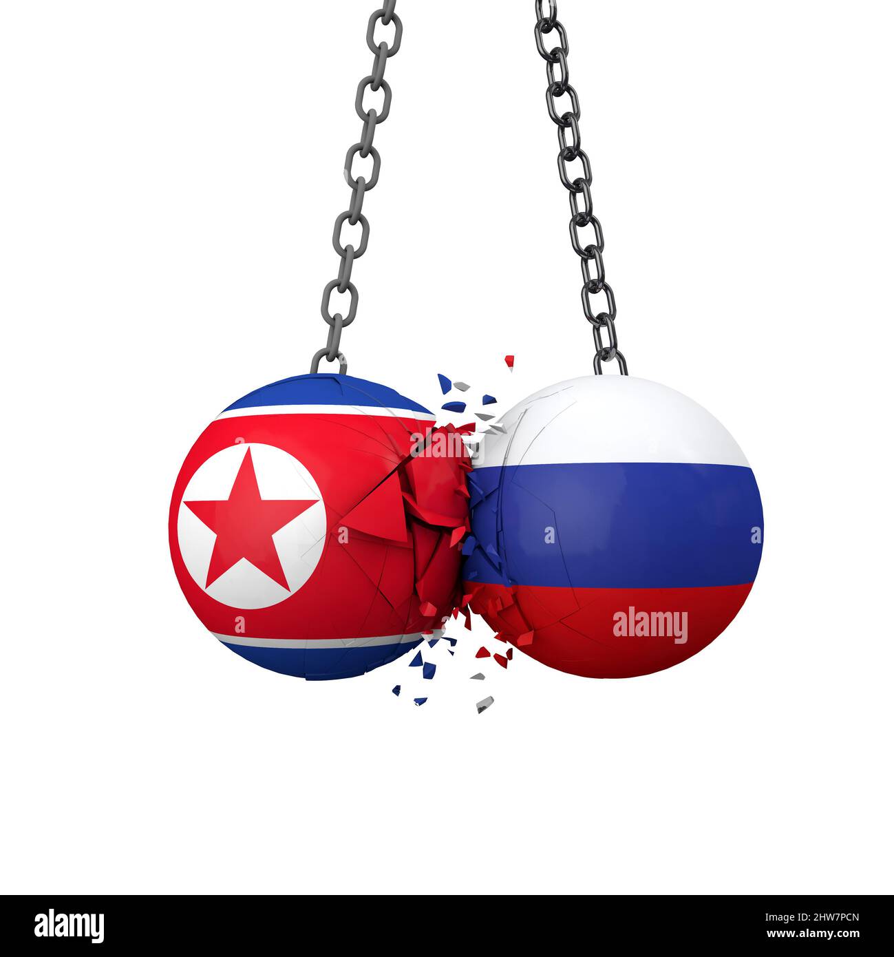 Russia and North Korea political tensions concept. National flag wrecking balls smash together. 3D Rendering Stock Photo