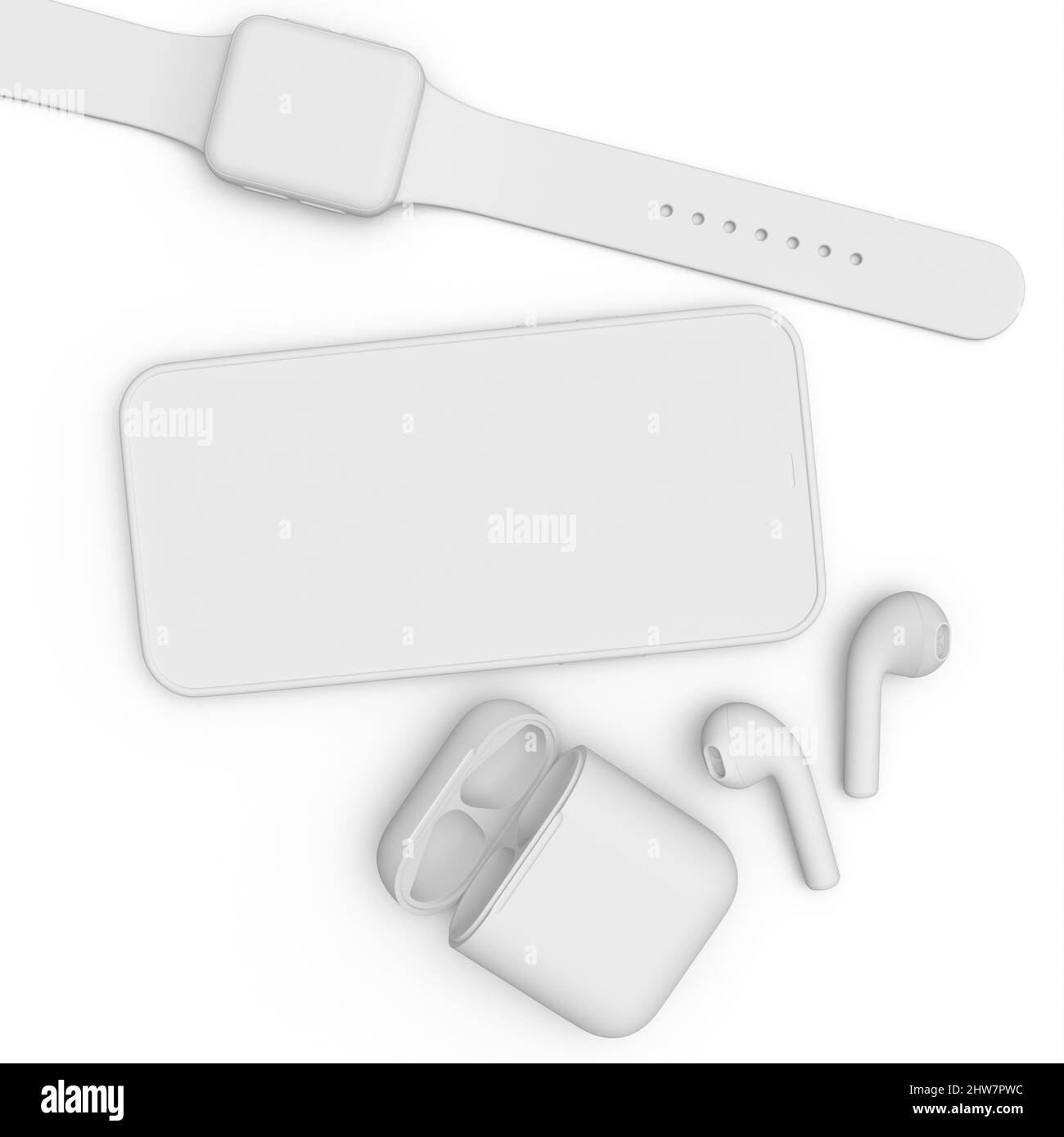 Mobile phone with smart watches and wireless headphones on white ...