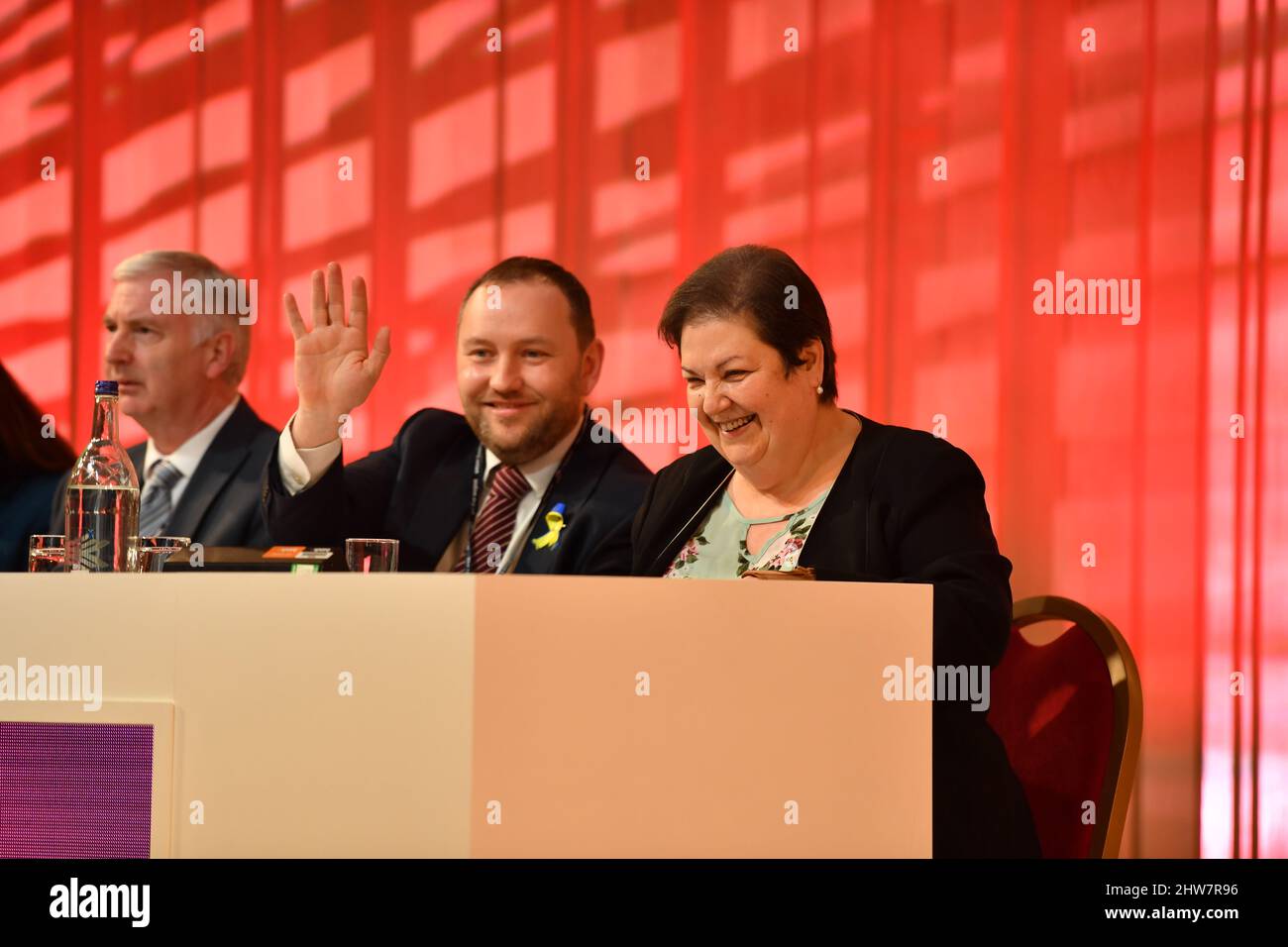 Glasgow, Scotland, UK. 4 March, 2022. . PICTURED: (L-R) James Kelly MSP; Ian Murray MP; Jackie Baillie MSP, seen on the first day of the National Spring Party Conference. Credit: Colin Fisher/Alamy Live News Stock Photo