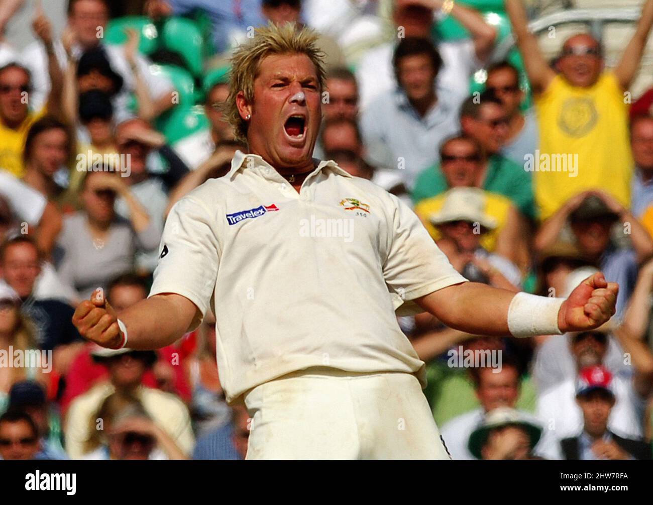 File photo dated 12-09-2005 of Australia's Shane Warne celebrates after he caught and bowled England's Andrew Flintoff for 8 runs during the final day of the fifth npower Test match at the Brit Oval, London. Former Australia cricketer Shane Warne has died at the age of 52, his management company MPC Entertainment has announced in a statement. Issue date: Friday March 4, 2022. Stock Photo