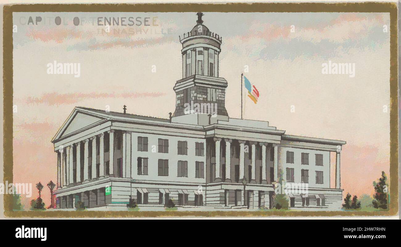 Art inspired by Capitol of Tennessee in Nashville, from the General Government and State Capitol Buildings series (N14) for Allen & Ginter Cigarettes Brands, 1889, Commercial color lithograph, Sheet: 1 1/2 x 2 3/4 in. (3.8 x 7 cm), Trade cards from the 'General Government and State, Classic works modernized by Artotop with a splash of modernity. Shapes, color and value, eye-catching visual impact on art. Emotions through freedom of artworks in a contemporary way. A timeless message pursuing a wildly creative new direction. Artists turning to the digital medium and creating the Artotop NFT Stock Photo