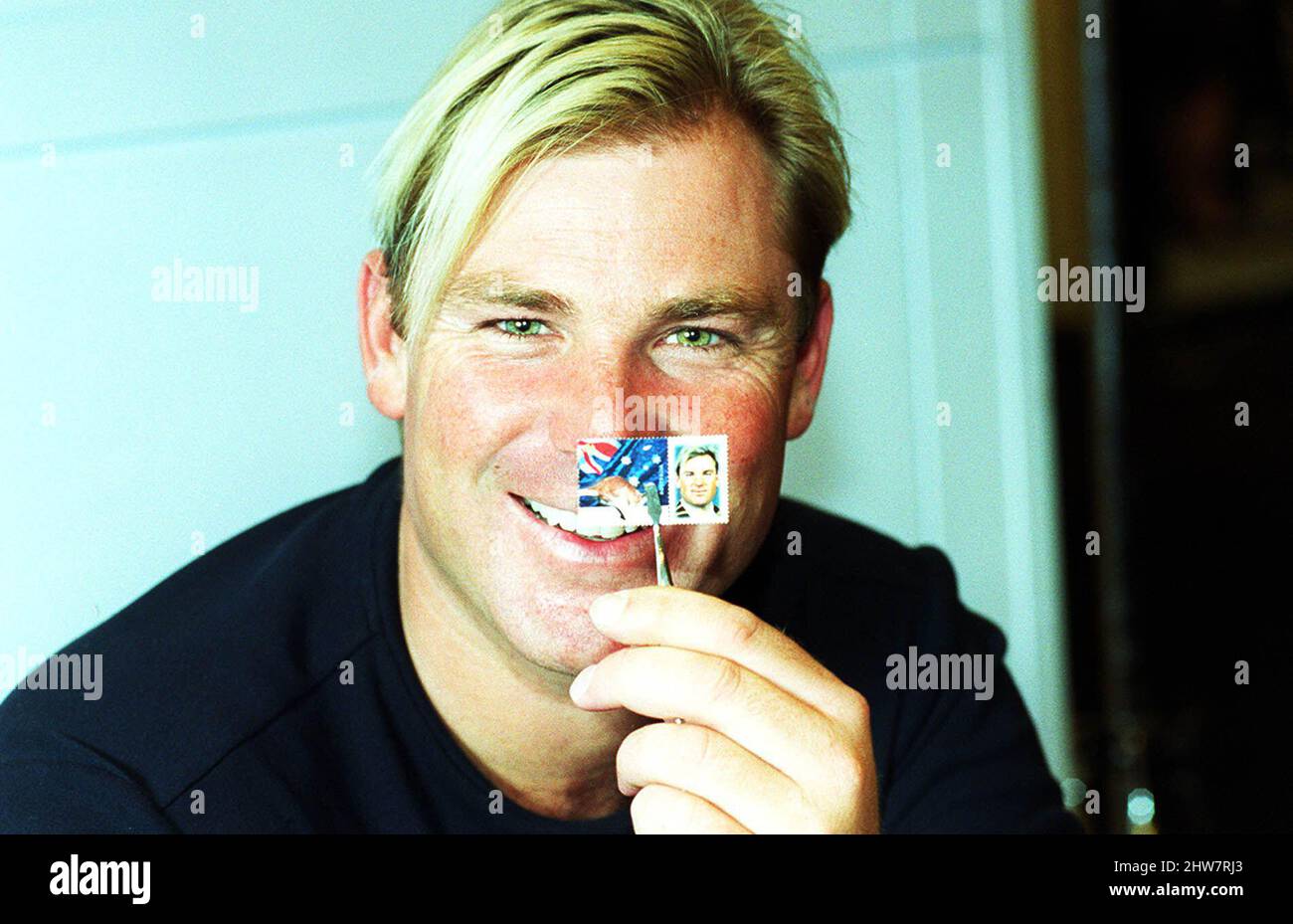 File photo dated 22-05-2000 of Hampshire and Australia cricketer Shane Warne launches a new service, giving anyone the chance to have their face on a set of stamps, at the Earls Court Exhibition Centre. Former Australia cricketer Shane Warne has died at the age of 52, his management company MPC Entertainment has announced in a statement. Issue date: Friday March 4, 2022. Stock Photo