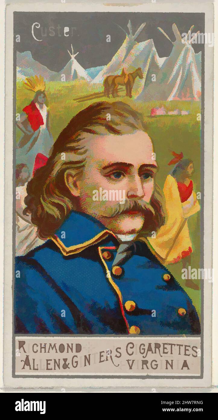 Art inspired by George Armstrong Custer, from the Great Generals series (N15) for Allen & Ginter Cigarettes Brands, 1888, Commercial color lithograph, Sheet: 2 3/4 x 1 1/2 in. (7 x 3.8 cm), Trade cards from the 'Great Generals' series (N15), issued in 1888 in a set of 50 cards to, Classic works modernized by Artotop with a splash of modernity. Shapes, color and value, eye-catching visual impact on art. Emotions through freedom of artworks in a contemporary way. A timeless message pursuing a wildly creative new direction. Artists turning to the digital medium and creating the Artotop NFT Stock Photo