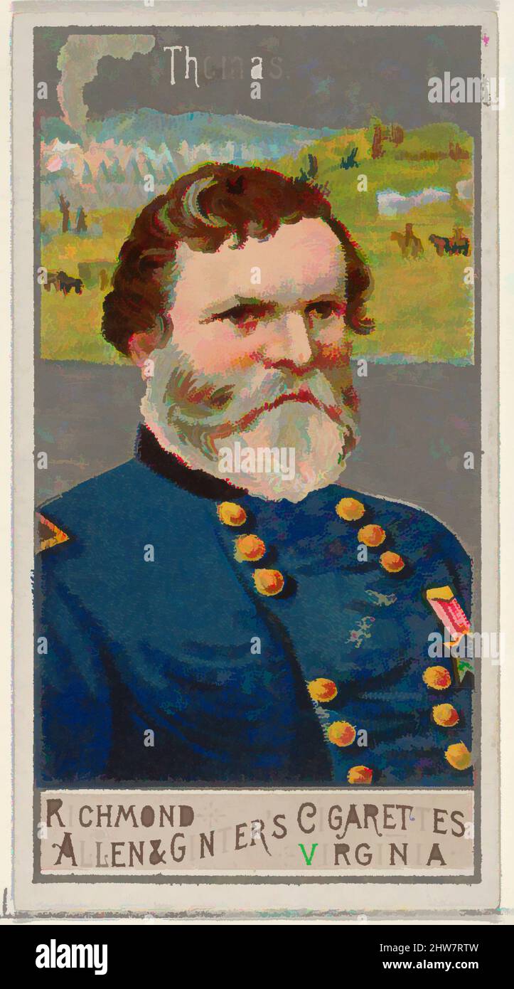 Art inspired by George Henry Thomas, from the Great Generals series (N15) for Allen & Ginter Cigarettes Brands, 1888, Commercial color lithograph, Sheet: 2 3/4 x 1 1/2 in. (7 x 3.8 cm), Trade cards from the 'Great Generals' series (N15), issued in 1888 in a set of 50 cards to promote, Classic works modernized by Artotop with a splash of modernity. Shapes, color and value, eye-catching visual impact on art. Emotions through freedom of artworks in a contemporary way. A timeless message pursuing a wildly creative new direction. Artists turning to the digital medium and creating the Artotop NFT Stock Photo