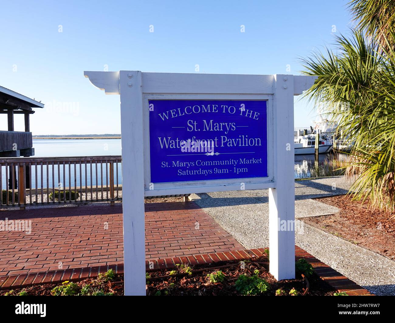 sign, St. Marys waterfront pavilion, USA Stock Photo