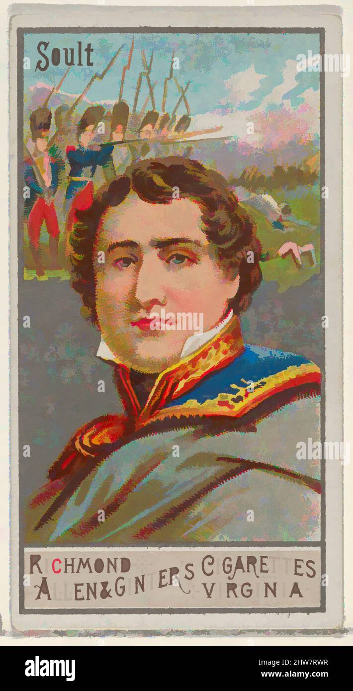 Art inspired by Nicolas Jean-de-Dieu Soult, from the Great Generals series (N15) for Allen & Ginter Cigarettes Brands, 1888, Commercial color lithograph, Sheet: 2 3/4 x 1 1/2 in. (7 x 3.8 cm), Trade cards from the 'Great Generals' series (N15), issued in 1888 in a set of 50 cards to, Classic works modernized by Artotop with a splash of modernity. Shapes, color and value, eye-catching visual impact on art. Emotions through freedom of artworks in a contemporary way. A timeless message pursuing a wildly creative new direction. Artists turning to the digital medium and creating the Artotop NFT Stock Photo