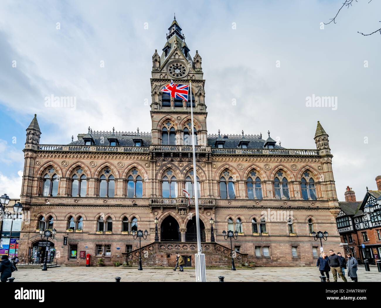 Chester Town Hall, in the centre of Chester. A Gothic style building made of sandstone. With the