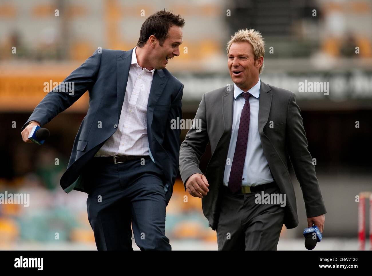 File photo dated 28-11-2010 of Former cricketers Michael Vaughan and Shane Warne. Former Australia cricketer Shane Warne has died at the age of 52, his management company MPC Entertainment has announced in a statement. Issue date: Friday March 4, 2022. Stock Photo