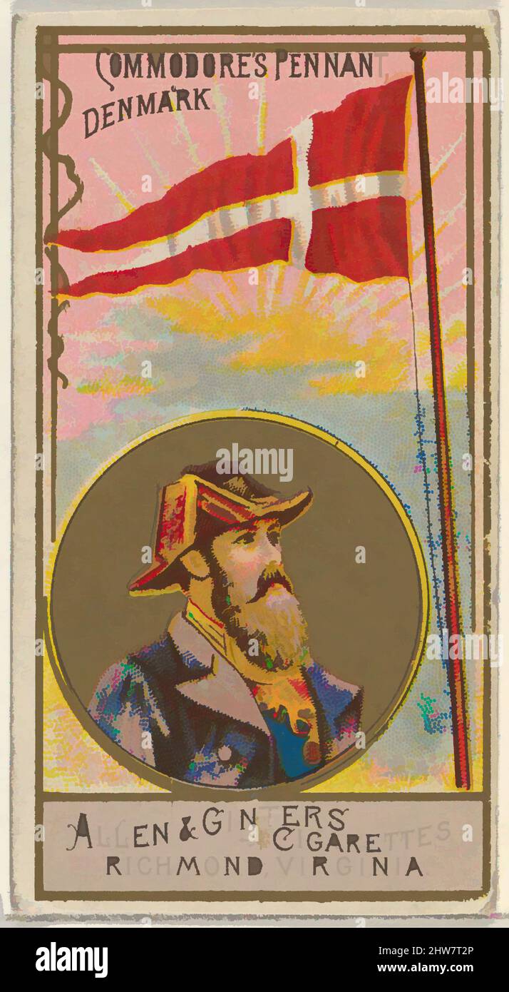Art inspired by Commodore's Pennant, Denmark, from the Naval Flags series (N17) for Allen & Ginter Cigarettes Brands, ca. 1888, Commercial color lithograph, Sheet: 2 3/4 x 1 1/2 in. (7 x 3.8 cm), Trade cards from the 'Naval Flags' series (N17), issued ca. 1888 in a set of 50 cards to, Classic works modernized by Artotop with a splash of modernity. Shapes, color and value, eye-catching visual impact on art. Emotions through freedom of artworks in a contemporary way. A timeless message pursuing a wildly creative new direction. Artists turning to the digital medium and creating the Artotop NFT Stock Photo