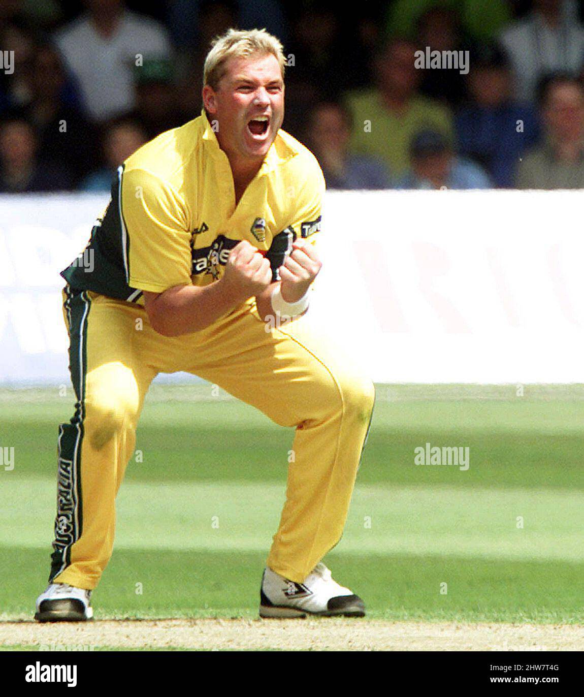 File photo dated 23-06-2001 of Australia's Shane Warne celebrates clean bowling Pakistan's Rashid Latif, during the Natwest One Day International Triangular series final at Lords, London. Former Australia cricketer Shane Warne has died at the age of 52, his management company MPC Entertainment has announced in a statement. Issue date: Friday March 4, 2022. Stock Photo