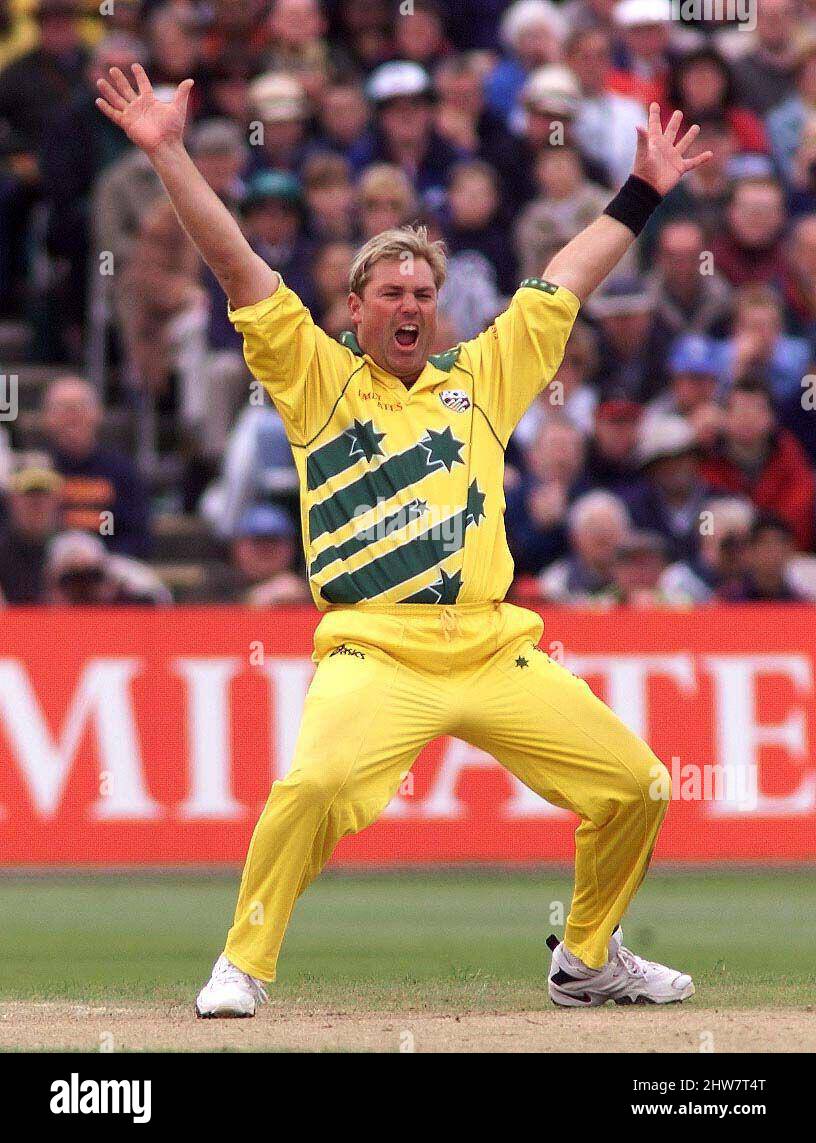 File photo dated 29-05-1999 of Australian spin bowler Shane Warne celebrates after his second ball dismissed West Indian batsman Shivanarine Chanderpaul during their 1999 World Cup cricket match at Old Trafford. Australia won the match and progressed to the Super Six stage of the tournament. Issue date: Friday March 4, 2022. Stock Photo