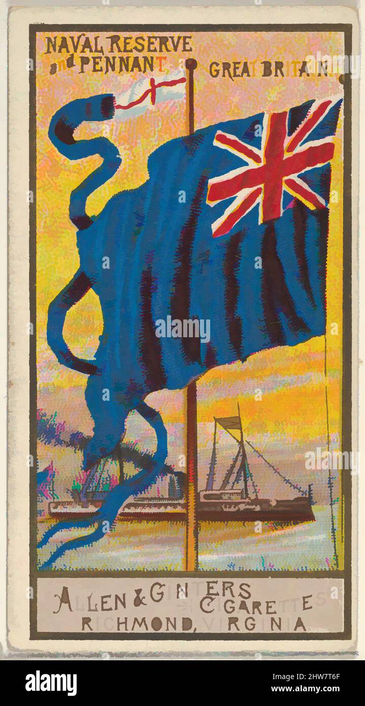 Art inspired by Naval Reserve and Pennant, Great Britain, from the Naval Flags series (N17) for Allen & Ginter Cigarettes Brands, ca. 1888, Commercial color lithograph, Sheet: 2 3/4 x 1 1/2 in. (7 x 3.8 cm), Trade cards from the 'Naval Flags' series (N17), issued ca. 1888 in a set of, Classic works modernized by Artotop with a splash of modernity. Shapes, color and value, eye-catching visual impact on art. Emotions through freedom of artworks in a contemporary way. A timeless message pursuing a wildly creative new direction. Artists turning to the digital medium and creating the Artotop NFT Stock Photo