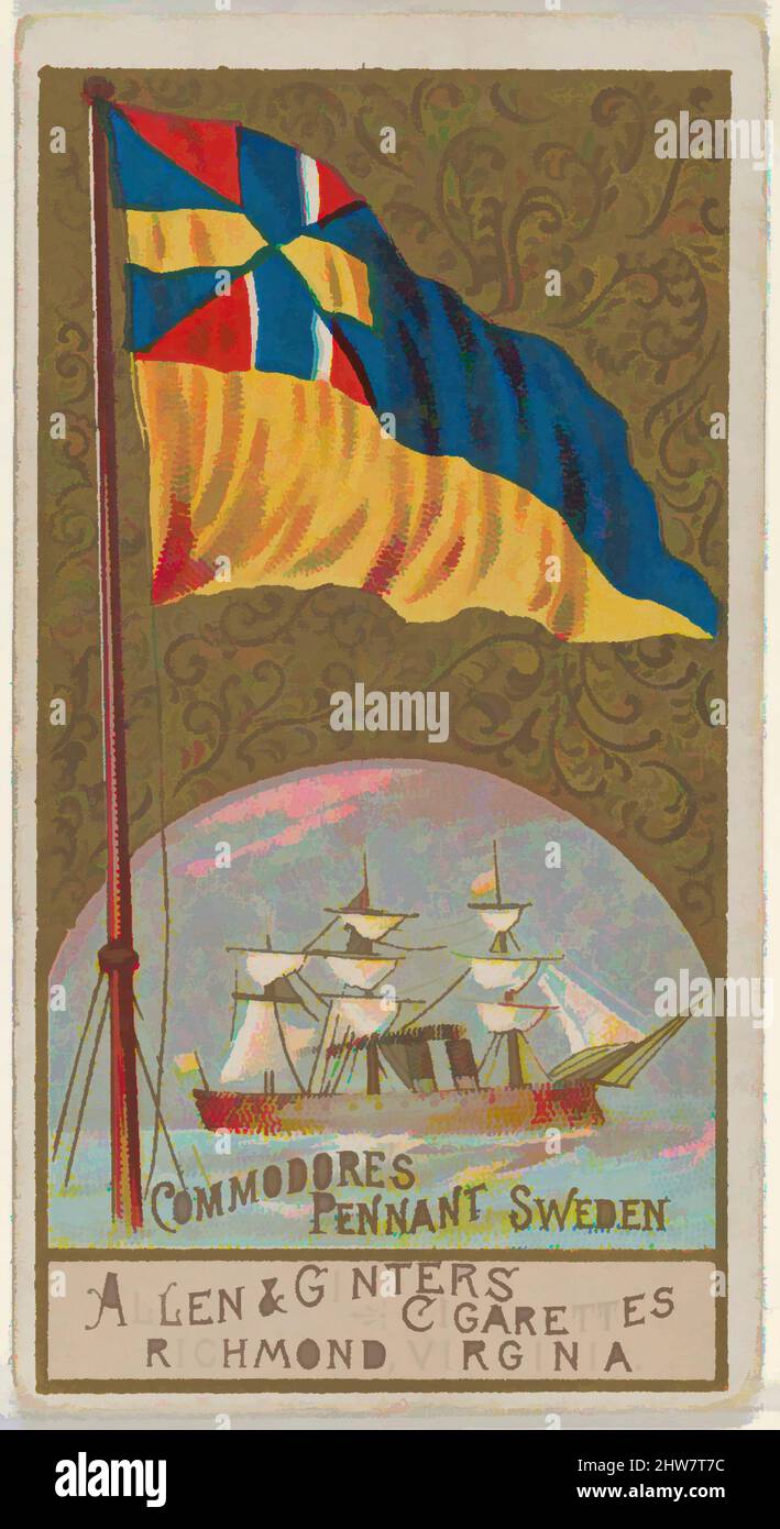 Art inspired by Commodore's Pennant, Sweden, from the Naval Flags series (N17) for Allen & Ginter Cigarettes Brands, ca. 1888, Commercial color lithograph, Sheet: 2 3/4 x 1 1/2 in. (7 x 3.8 cm), Trade cards from the 'Naval Flags' series (N17), issued ca. 1888 in a set of 50 cards to, Classic works modernized by Artotop with a splash of modernity. Shapes, color and value, eye-catching visual impact on art. Emotions through freedom of artworks in a contemporary way. A timeless message pursuing a wildly creative new direction. Artists turning to the digital medium and creating the Artotop NFT Stock Photo