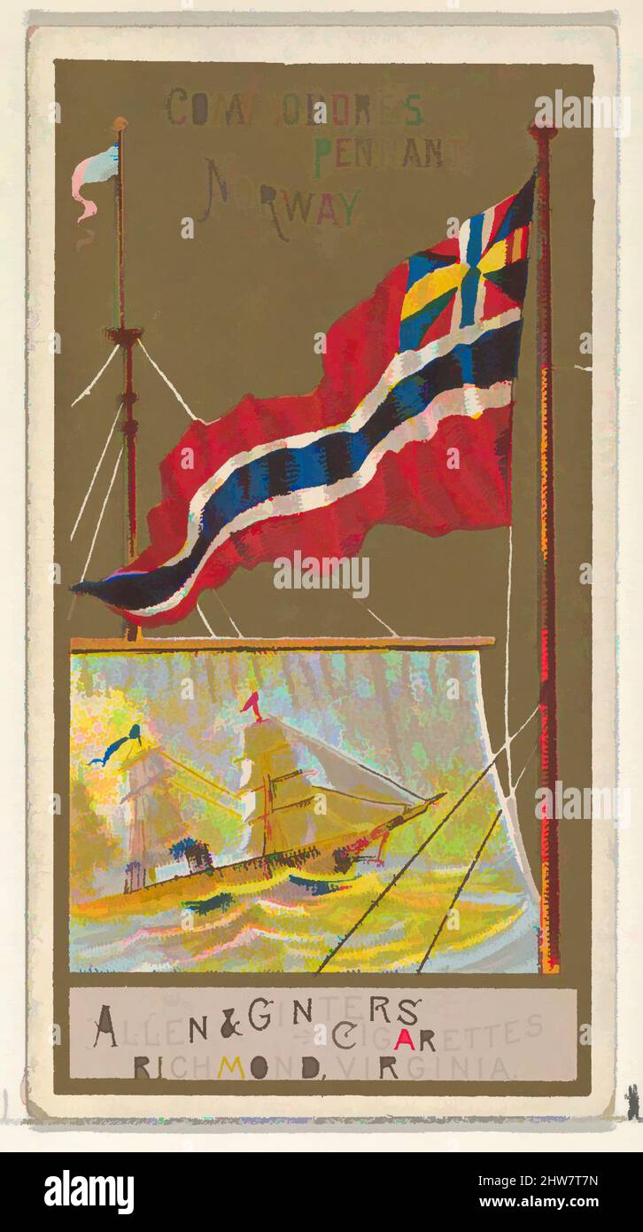 Art inspired by Commodore's Pennant, Norway, from the Naval Flags series (N17) for Allen & Ginter Cigarettes Brands, ca. 1888, Commercial color lithograph, Sheet: 2 3/4 x 1 1/2 in. (7 x 3.8 cm), Trade cards from the 'Naval Flags' series (N17), issued ca. 1888 in a set of 50 cards to, Classic works modernized by Artotop with a splash of modernity. Shapes, color and value, eye-catching visual impact on art. Emotions through freedom of artworks in a contemporary way. A timeless message pursuing a wildly creative new direction. Artists turning to the digital medium and creating the Artotop NFT Stock Photo