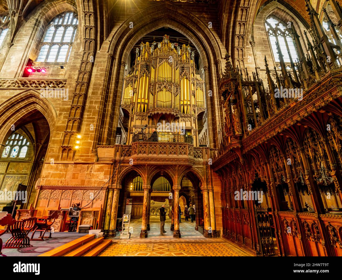 The organ within Chester Cathedral, a Church of England cathedral in the Diocese of Chester. Stock Photo