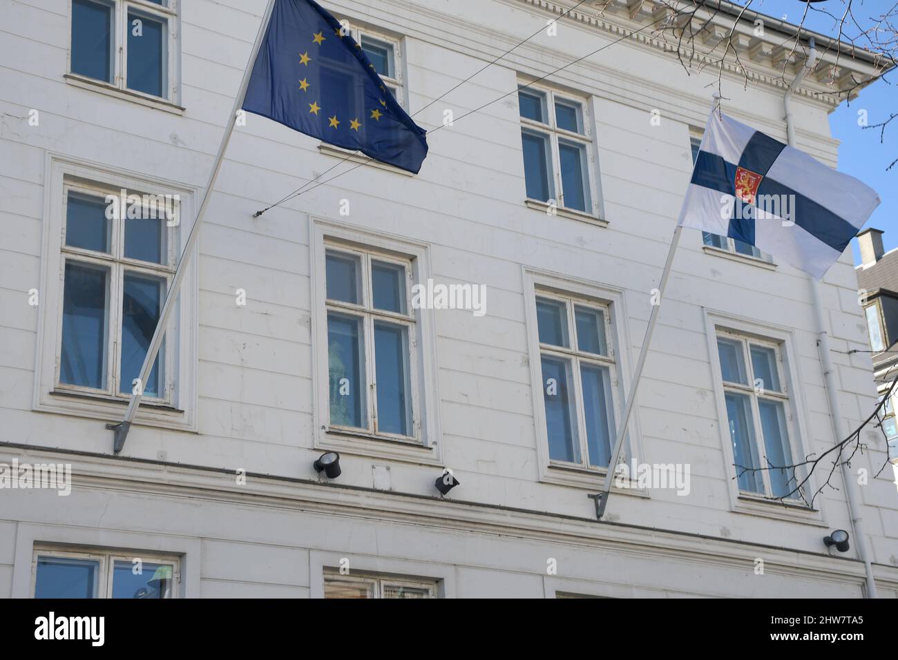 Copenhagen/Denmark.04..March 2022/Flags fly over Finland embassy in danish capital Copenhagen Denmark.   (Photo..Francis Dean/Dean Pictures) Stock Photo