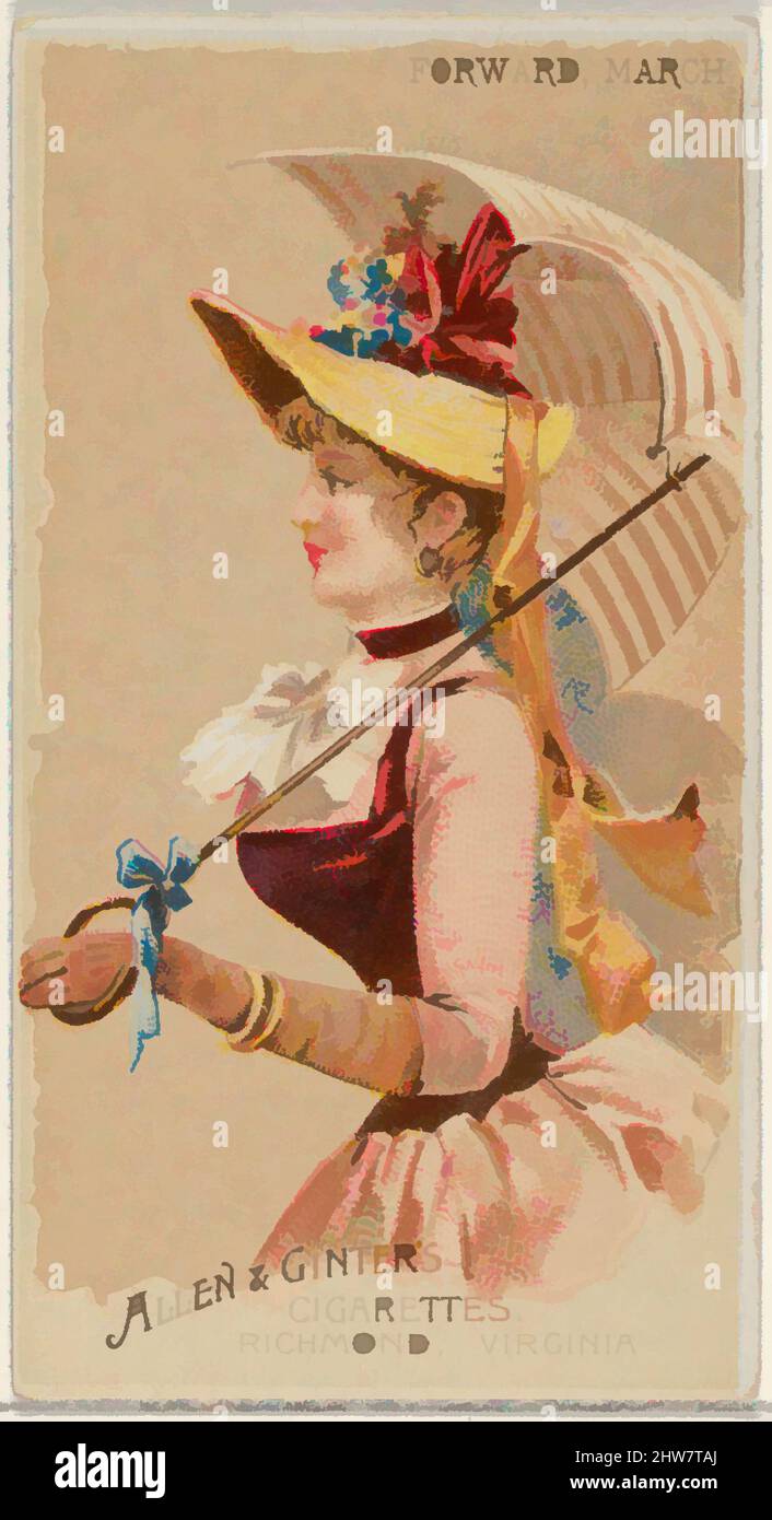 Art inspired by Forward, March, from the Parasol Drills series (N18) for Allen & Ginter Cigarettes Brands, 1888, Commercial color lithograph, Sheet: 2 3/4 x 1 1/2 in. (7 x 3.8 cm), Trade cards from the 'Parasol Drill' series (N18), issued in 1888 in a set of 50 cards to promote Allen, Classic works modernized by Artotop with a splash of modernity. Shapes, color and value, eye-catching visual impact on art. Emotions through freedom of artworks in a contemporary way. A timeless message pursuing a wildly creative new direction. Artists turning to the digital medium and creating the Artotop NFT Stock Photo