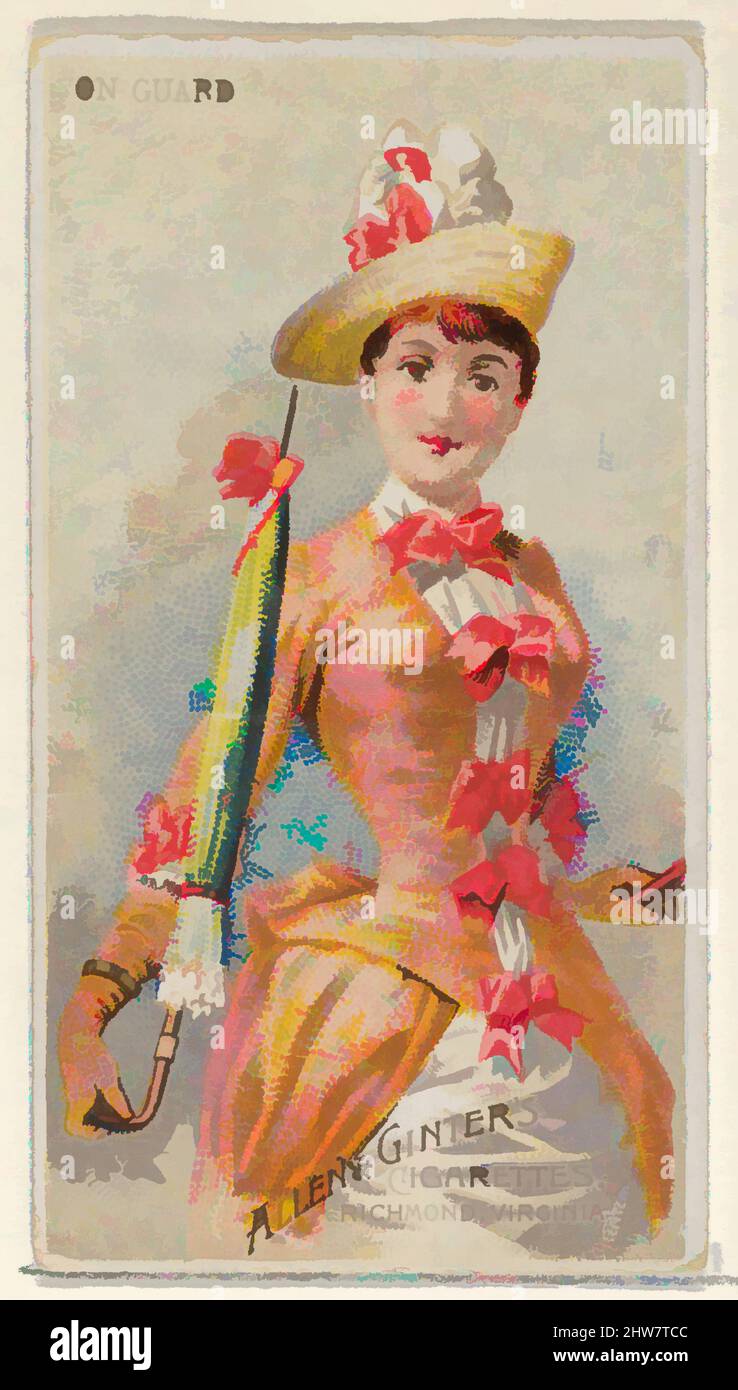 Art inspired by On Guard, from the Parasol Drills series (N18) for Allen & Ginter Cigarettes Brands, 1888, Commercial color lithograph, Sheet: 2 3/4 x 1 1/2 in. (7 x 3.8 cm), Trade cards from the 'Parasol Drill' series (N18), issued in 1888 in a set of 50 cards to promote Allen, Classic works modernized by Artotop with a splash of modernity. Shapes, color and value, eye-catching visual impact on art. Emotions through freedom of artworks in a contemporary way. A timeless message pursuing a wildly creative new direction. Artists turning to the digital medium and creating the Artotop NFT Stock Photo