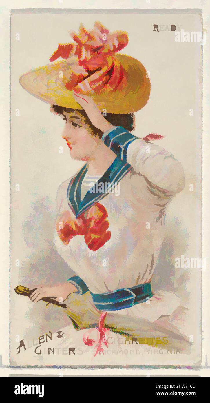 Art inspired by Ready, from the Parasol Drills series (N18) for Allen & Ginter Cigarettes Brands, 1888, Commercial color lithograph, Sheet: 2 3/4 x 1 1/2 in. (7 x 3.8 cm), Trade cards from the 'Parasol Drill' series (N18), issued in 1888 in a set of 50 cards to promote Allen & Ginter, Classic works modernized by Artotop with a splash of modernity. Shapes, color and value, eye-catching visual impact on art. Emotions through freedom of artworks in a contemporary way. A timeless message pursuing a wildly creative new direction. Artists turning to the digital medium and creating the Artotop NFT Stock Photo