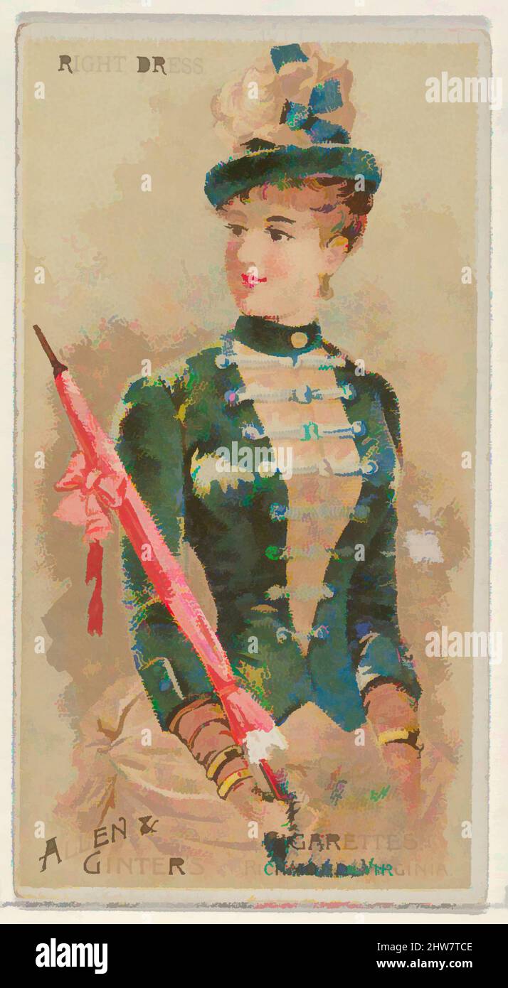 Art inspired by Right Dress, from the Parasol Drills series (N18) for Allen & Ginter Cigarettes Brands, 1888, Commercial color lithograph, Sheet: 2 3/4 x 1 1/2 in. (7 x 3.8 cm), Trade cards from the 'Parasol Drill' series (N18), issued in 1888 in a set of 50 cards to promote Allen, Classic works modernized by Artotop with a splash of modernity. Shapes, color and value, eye-catching visual impact on art. Emotions through freedom of artworks in a contemporary way. A timeless message pursuing a wildly creative new direction. Artists turning to the digital medium and creating the Artotop NFT Stock Photo